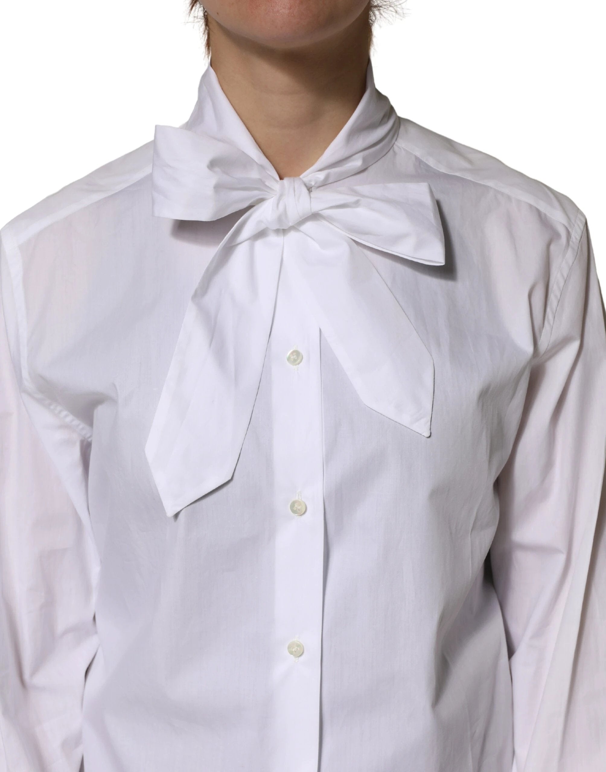 Dolce & Gabbana White Cotton Bow Tie Long Sleeves Blouse Top by Dolce & Gabbana