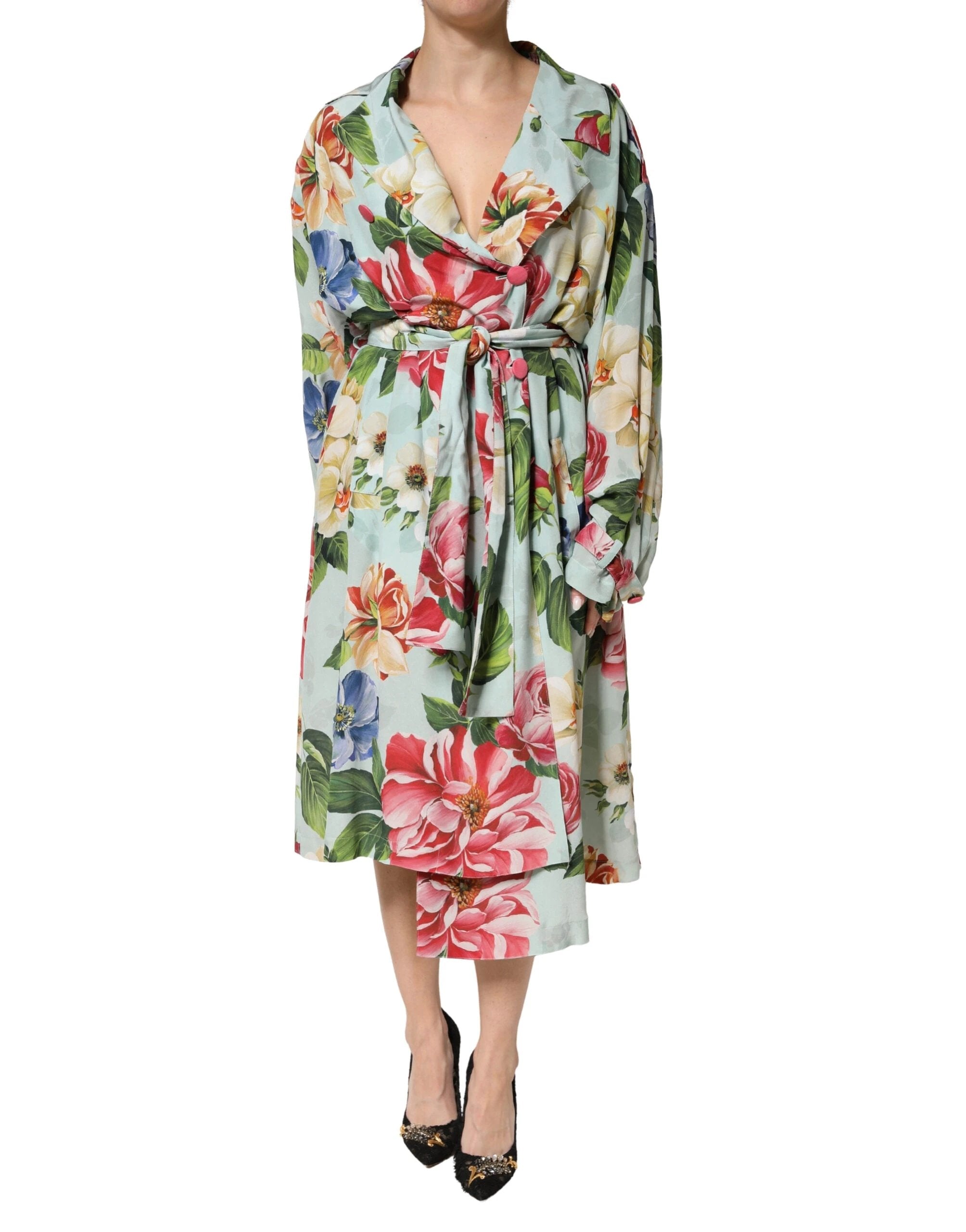 Dolce & Gabbana Green Floral Silk Wrap Midi Long Sleeve Dress by Dolce & Gabbana
