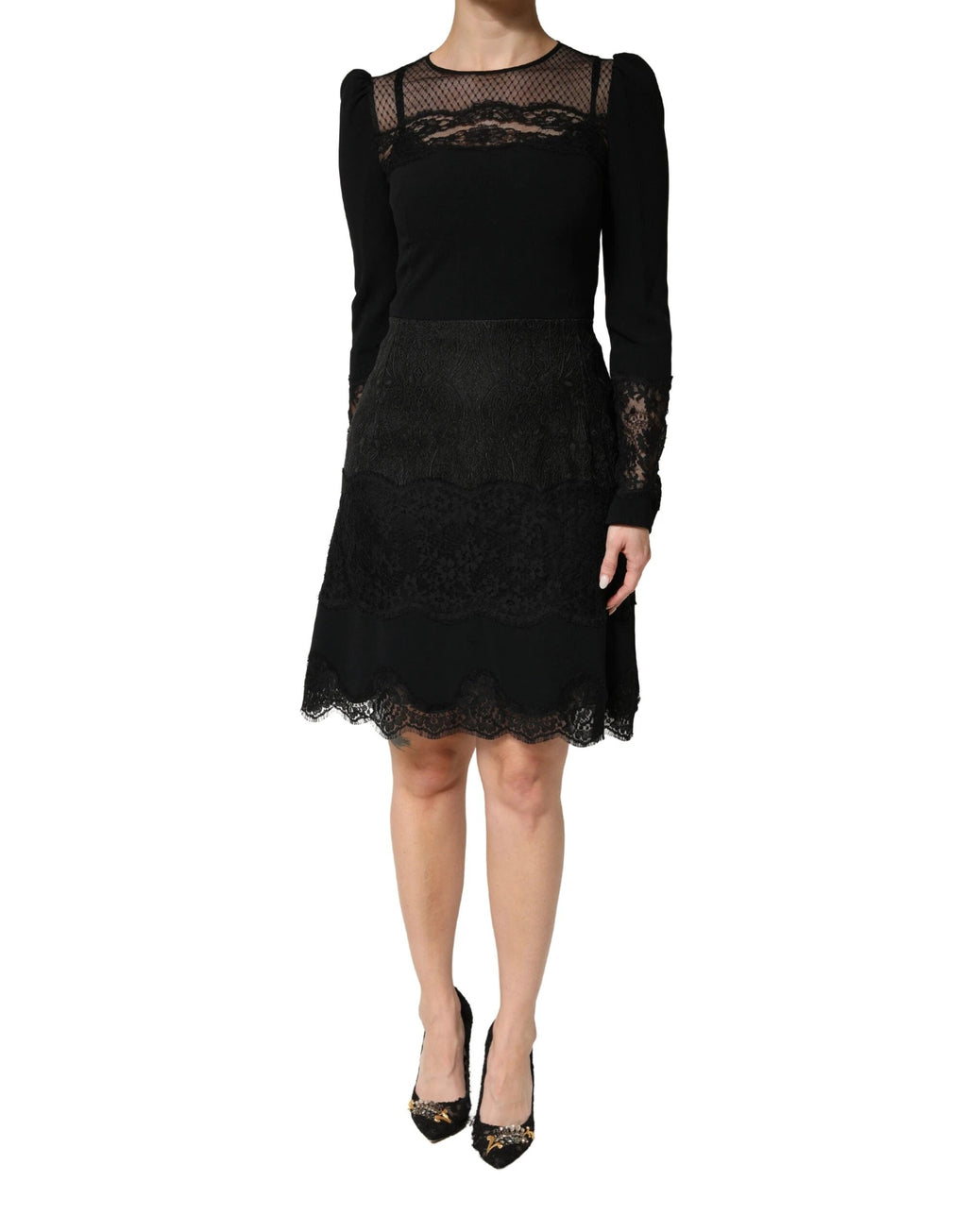 Dolce & Gabbana Black Lace Sheer Panel Midi Long Sleeve Dress by Dolce & Gabbana