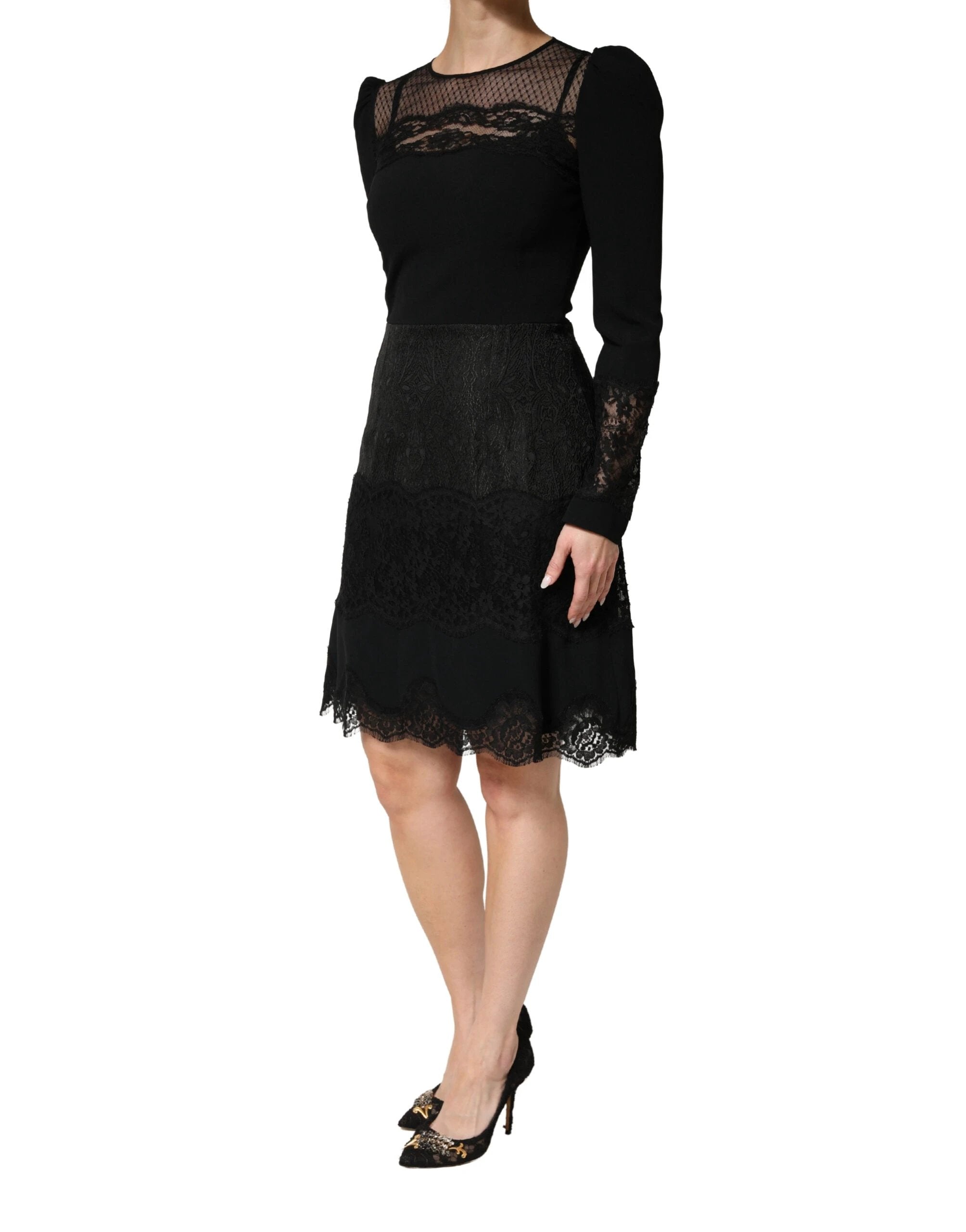 Dolce & Gabbana Black Lace Sheer Panel Midi Long Sleeve Dress by Dolce & Gabbana