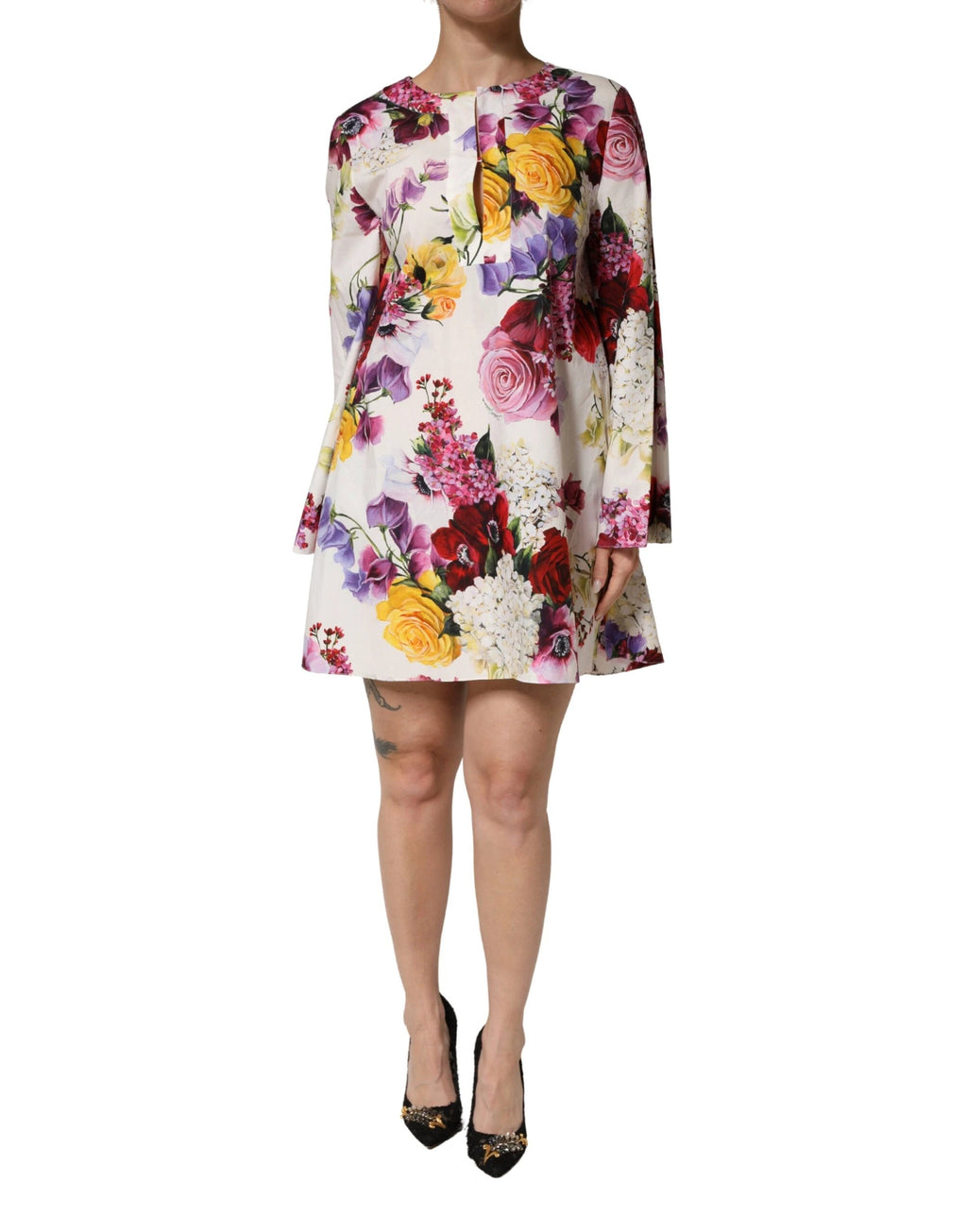 Dolce & Gabbana Multicolor Floral Cotton Longsleeves Midi Dress by Dolce & Gabbana