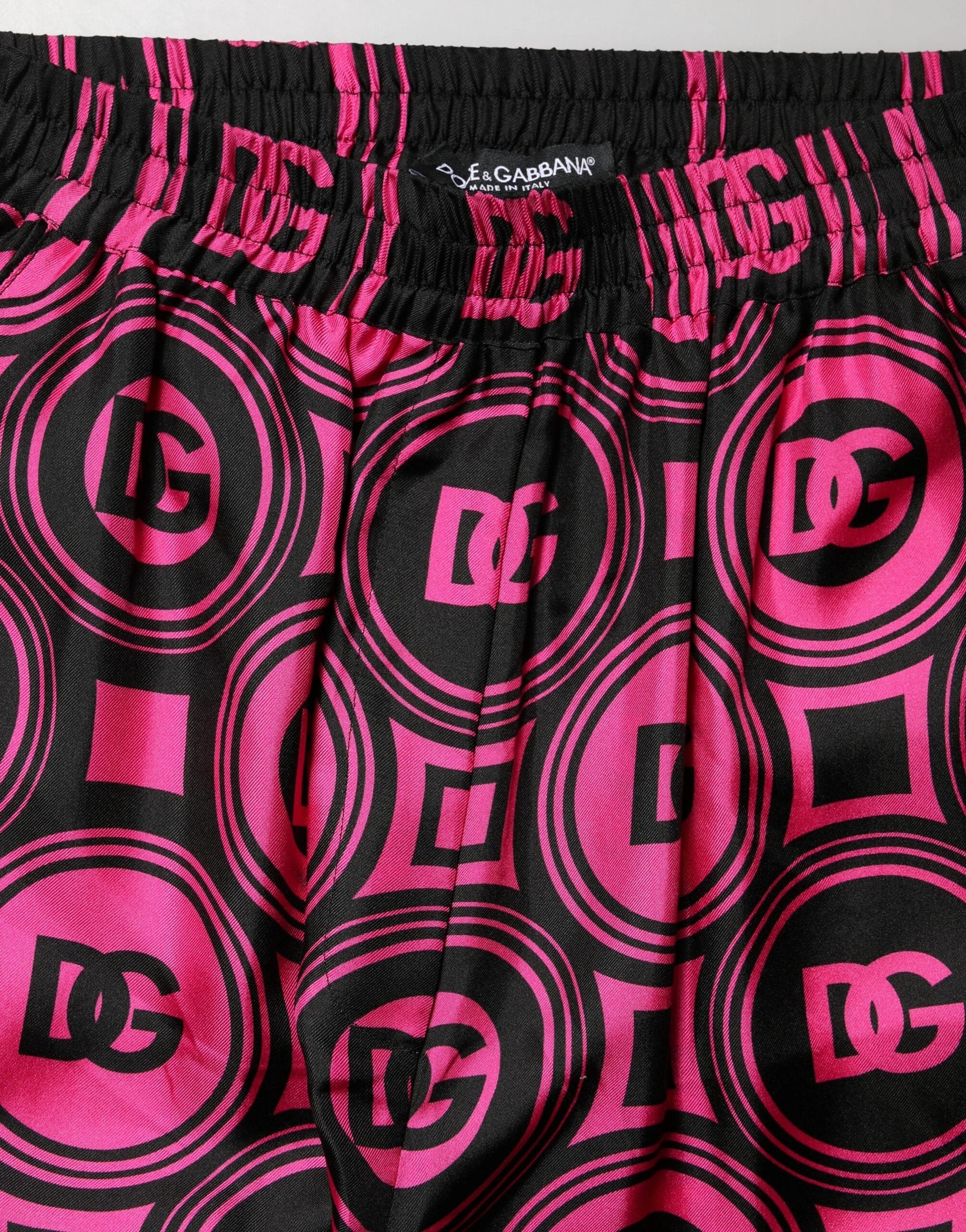 Dolce & Gabbana Black Fuchsia Silk Logo Elastic Waist Shorts by Dolce & Gabbana