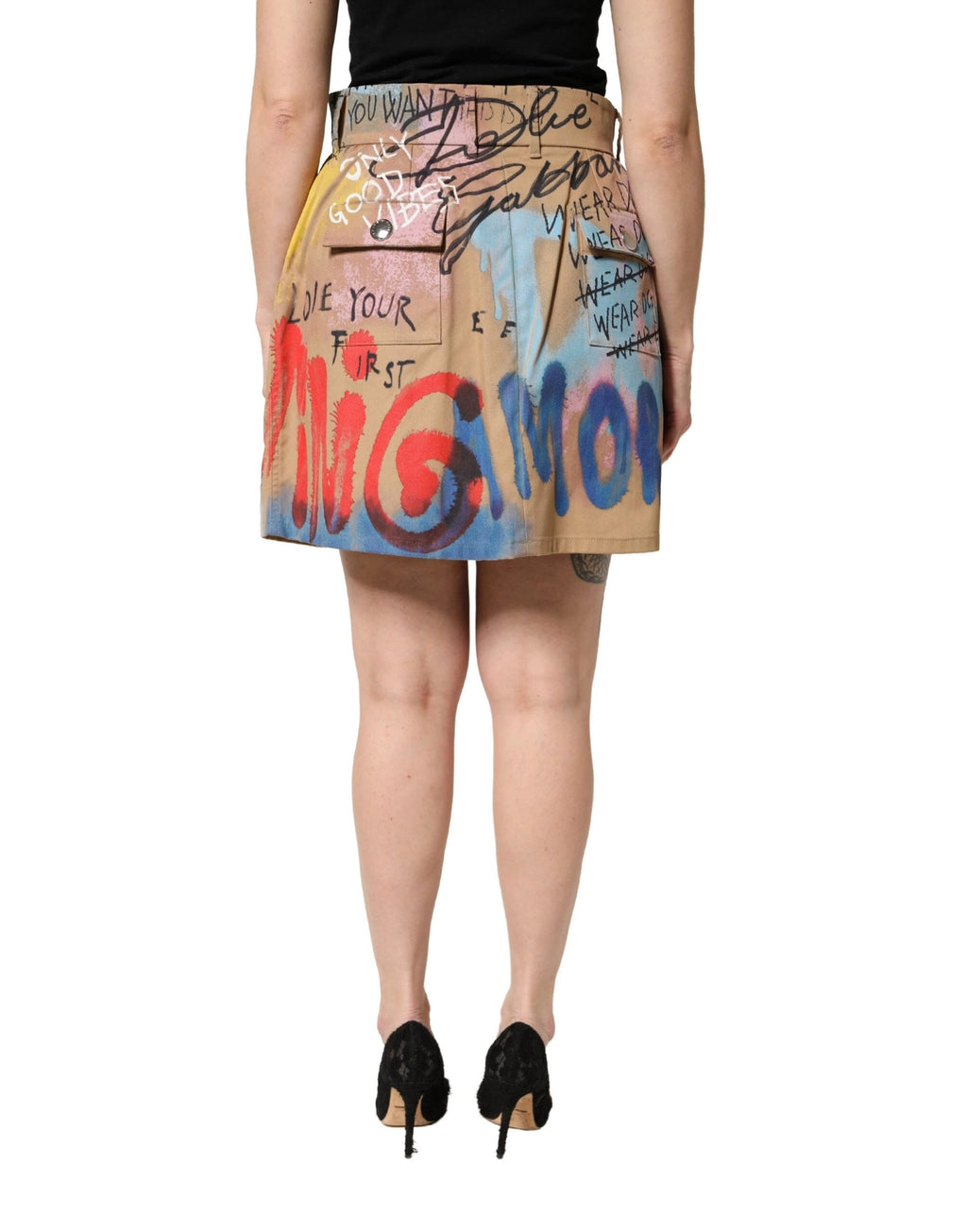 Dolce & Gabbana Beige Graffiti Print Cotton Blend Mini Skirt by Dolce & Gabbana