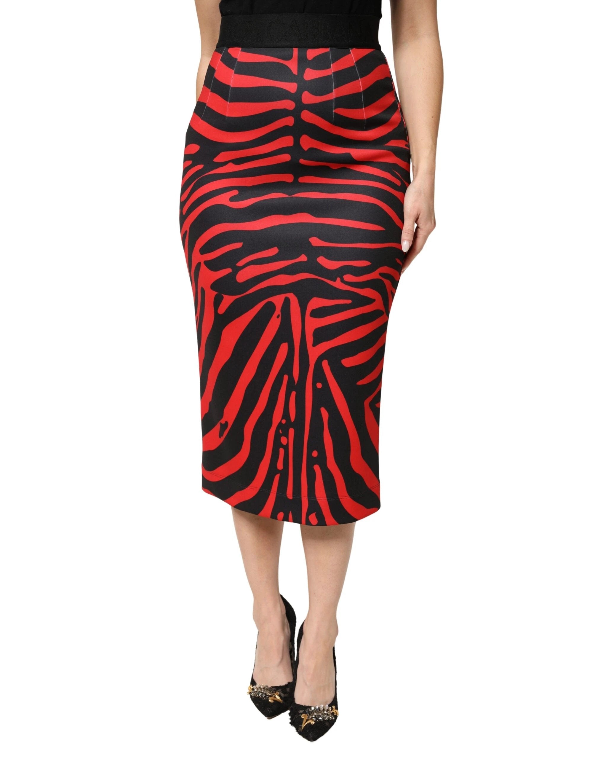 Dolce & Gabbana Red Black Zebra Print Polyester Pencil Midi Skirt by Dolce & Gabbana