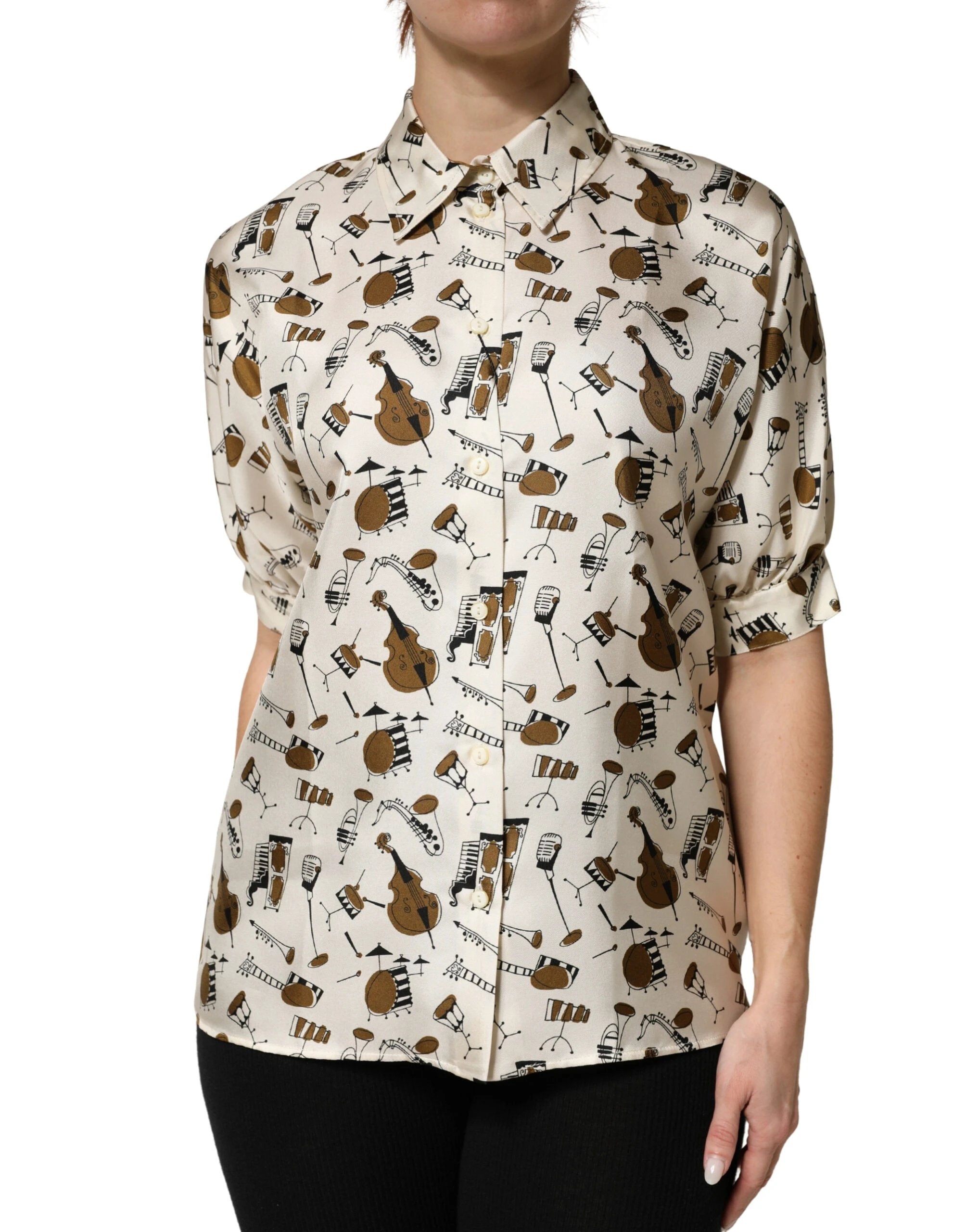 Dolce & Gabbana Beige Musical Instrument Print Short Sleeve Top by Dolce & Gabbana