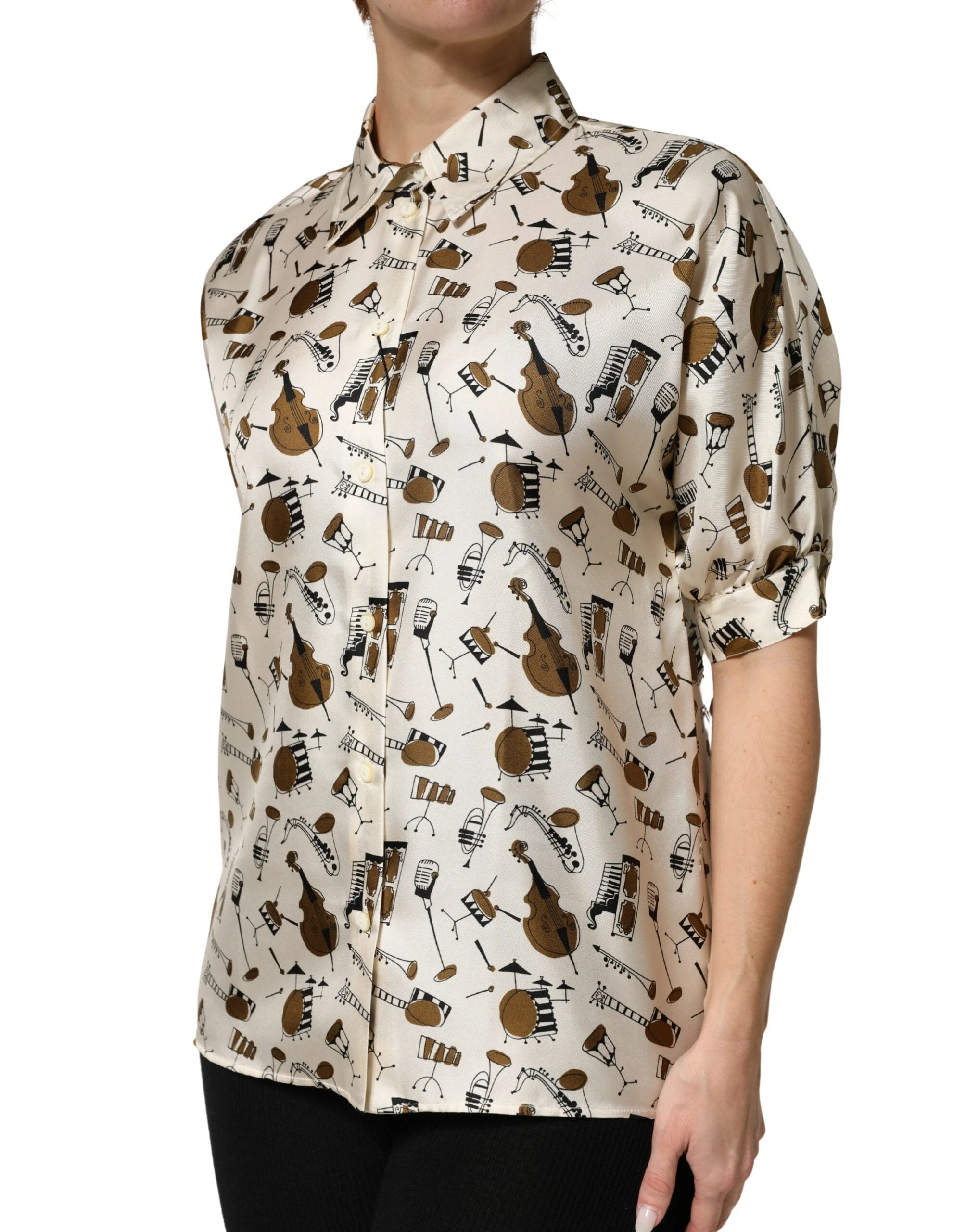Dolce & Gabbana Beige Musical Instrument Print Short Sleeve Top by Dolce & Gabbana