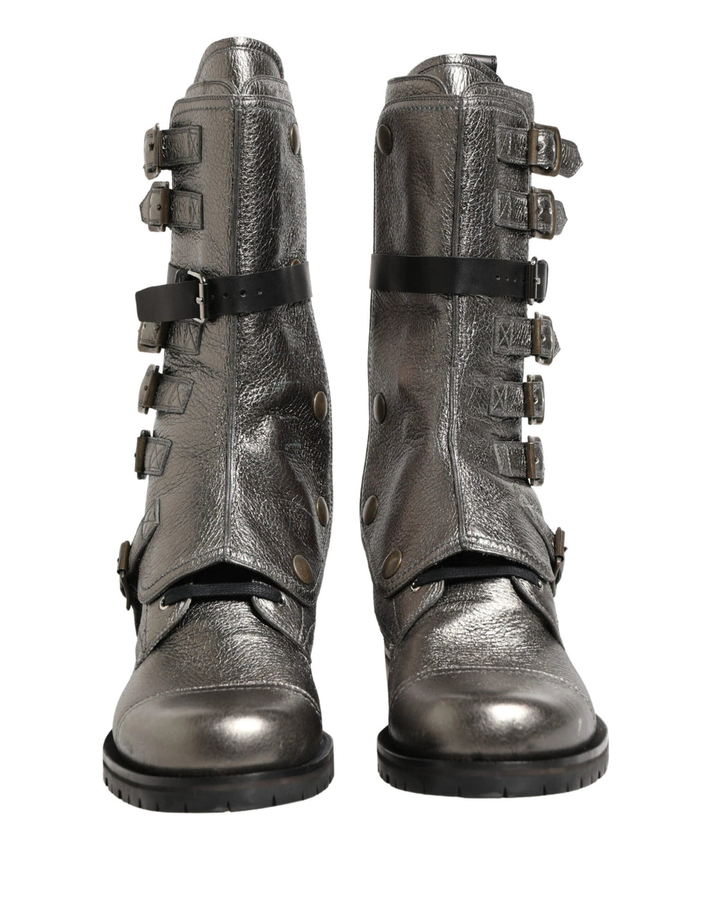 Dolce & Gabbana Metallic Leather Buckle Combat Boots Shoes by Dolce & Gabbana