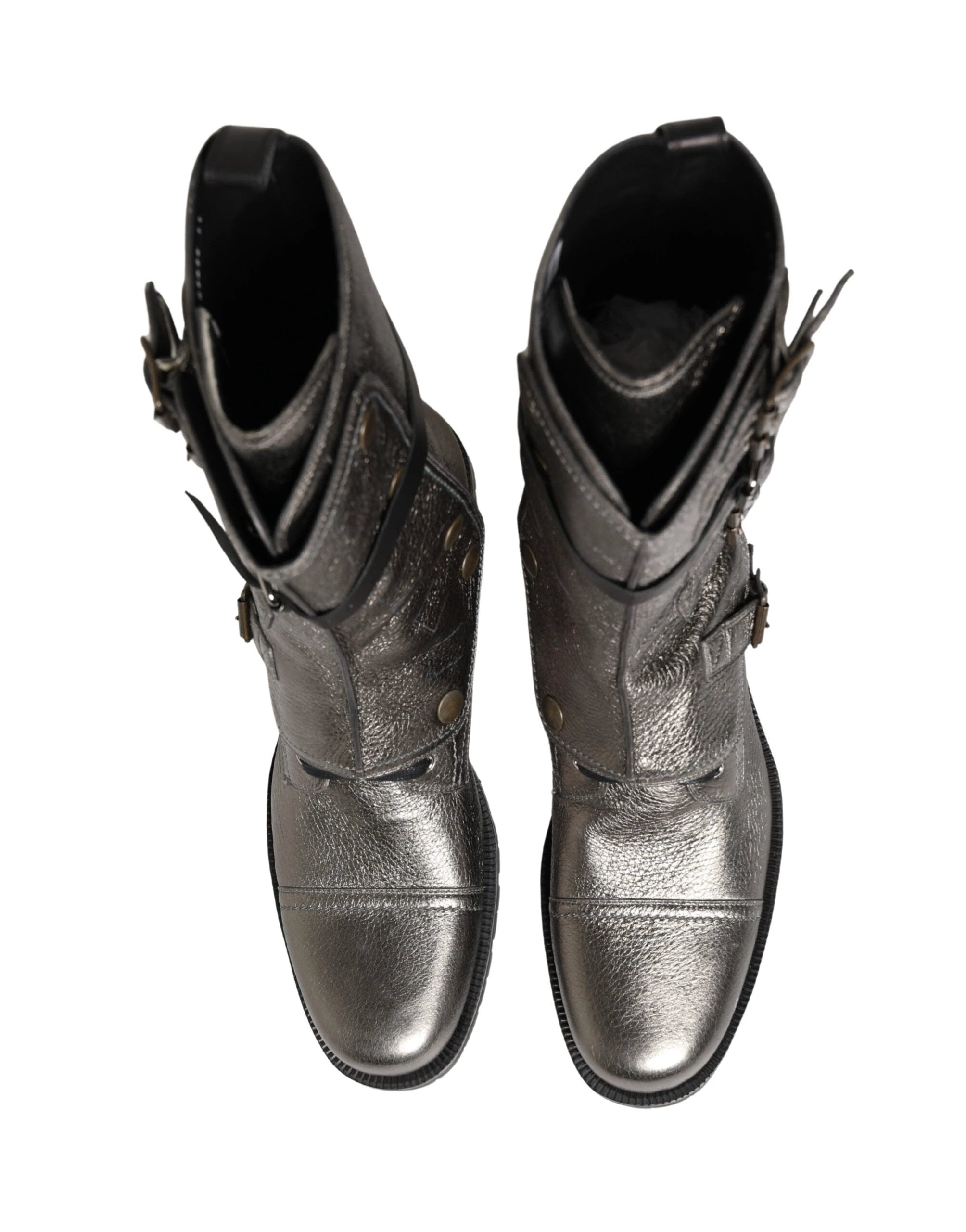 Dolce & Gabbana Metallic Leather Buckle Combat Boots Shoes by Dolce & Gabbana