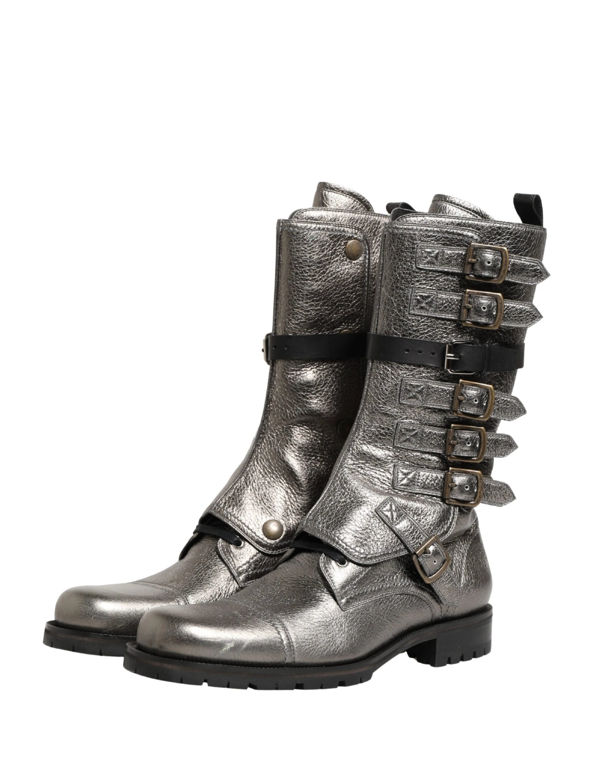 Dolce & Gabbana Metallic Leather Buckle Combat Boots Shoes by Dolce & Gabbana