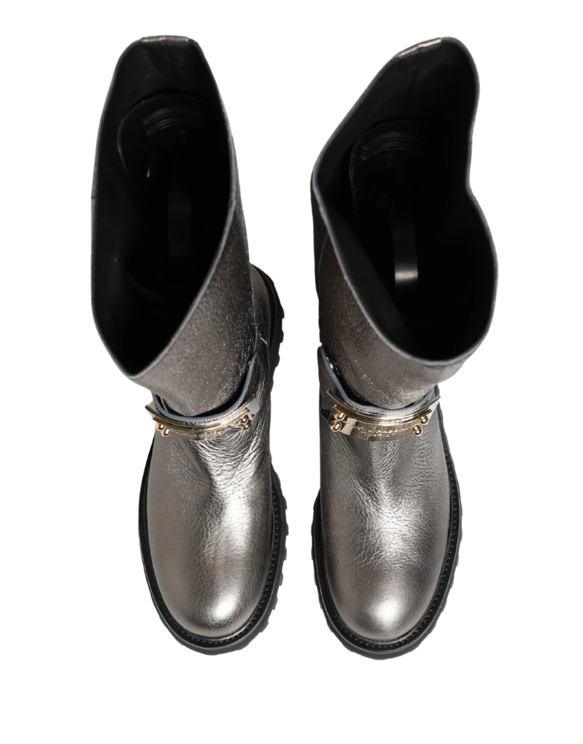 Dolce & Gabbana Metallic Silver Leather Mid Calf Boots Shoes by Dolce & Gabbana