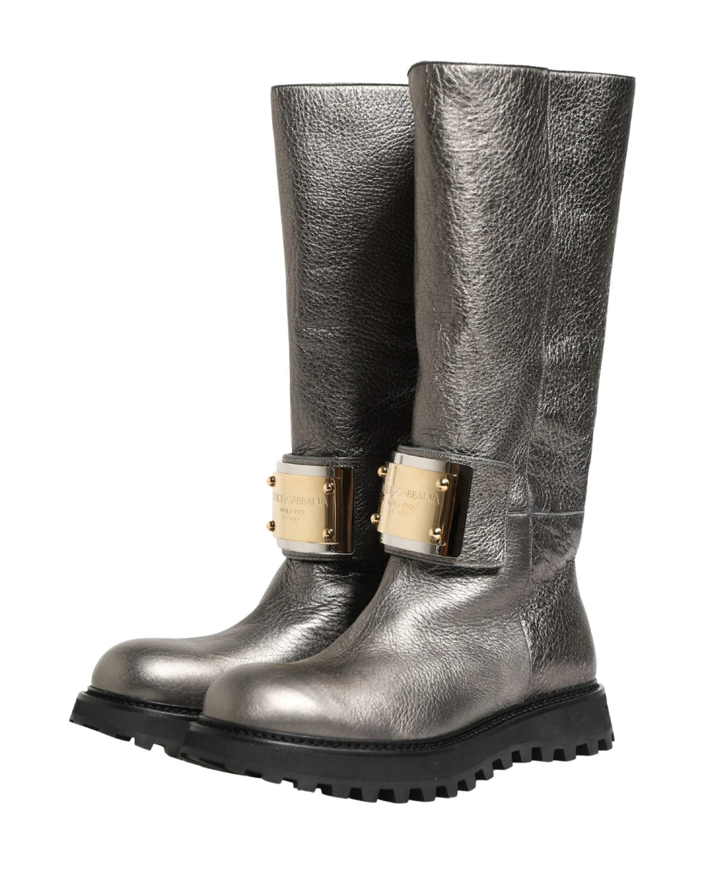 Dolce & Gabbana Metallic Silver Leather Mid Calf Boots Shoes by Dolce & Gabbana