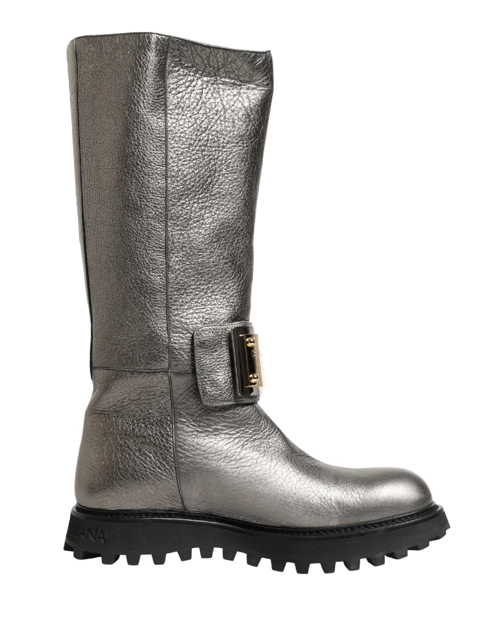 Dolce & Gabbana Metallic Silver Leather Mid Calf Boots Shoes by Dolce & Gabbana