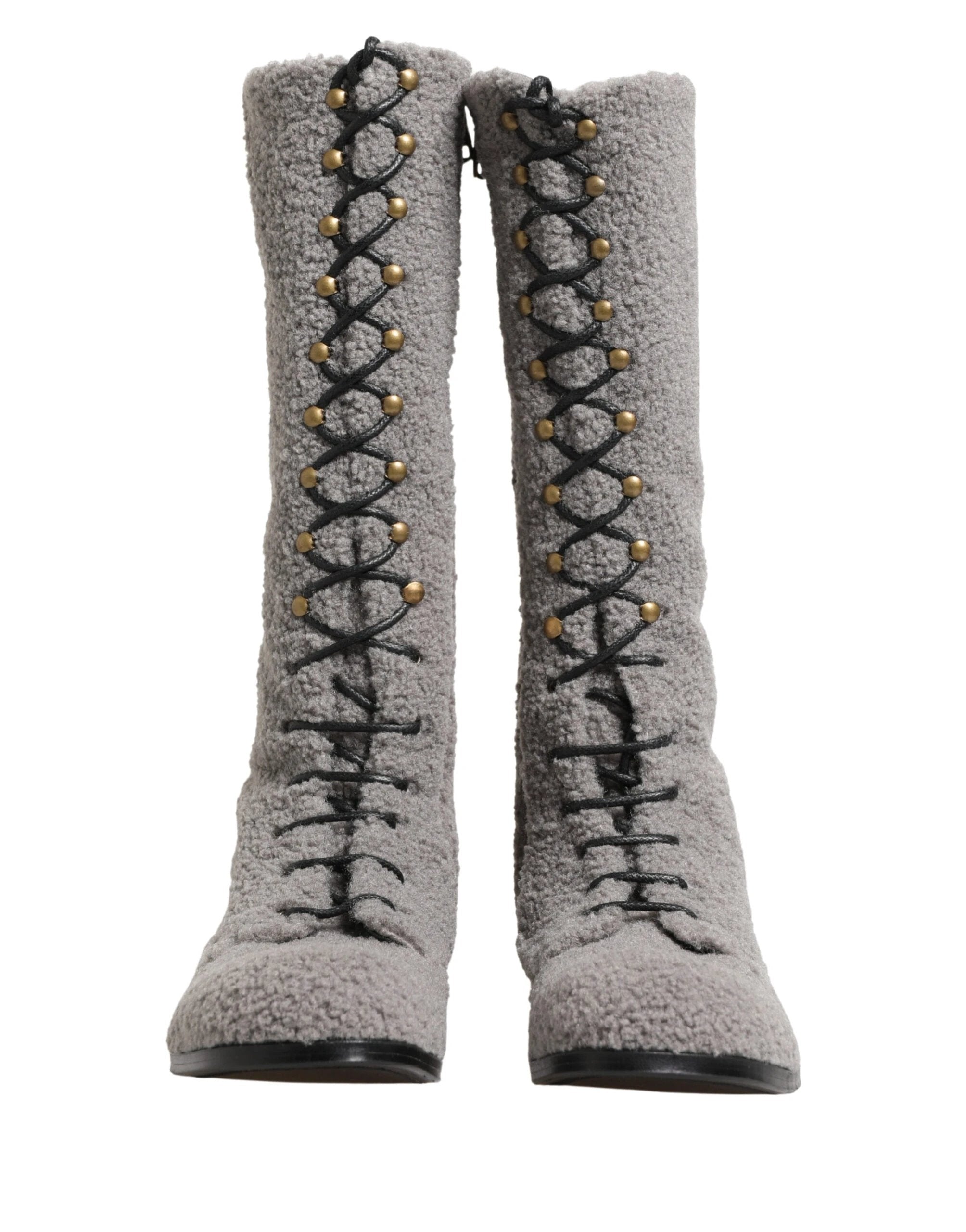 Dolce & Gabbana Gray Shearling Lace Up Knee High Boots Shoes by Dolce & Gabbana