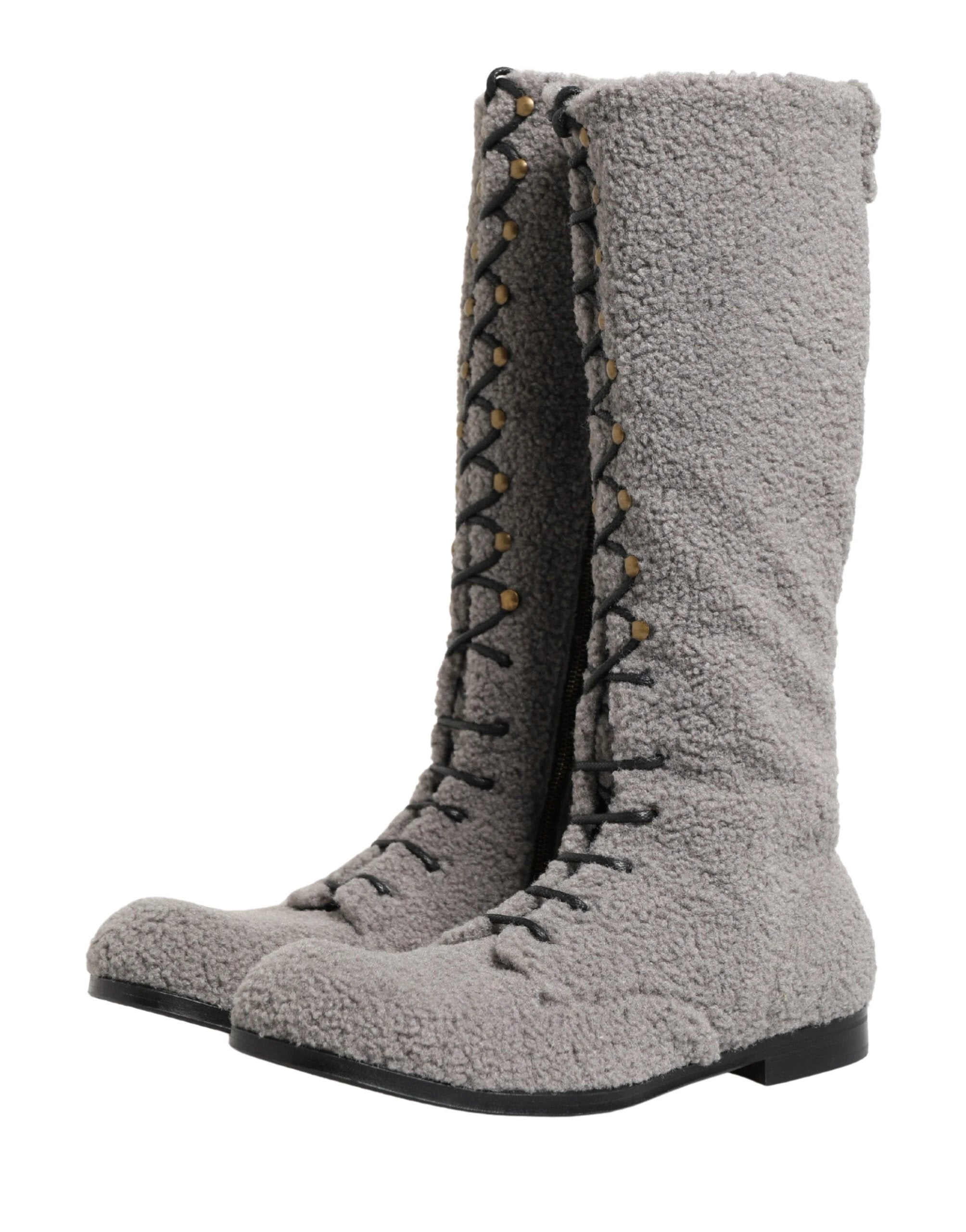 Dolce & Gabbana Gray Shearling Lace Up Knee High Boots Shoes by Dolce & Gabbana