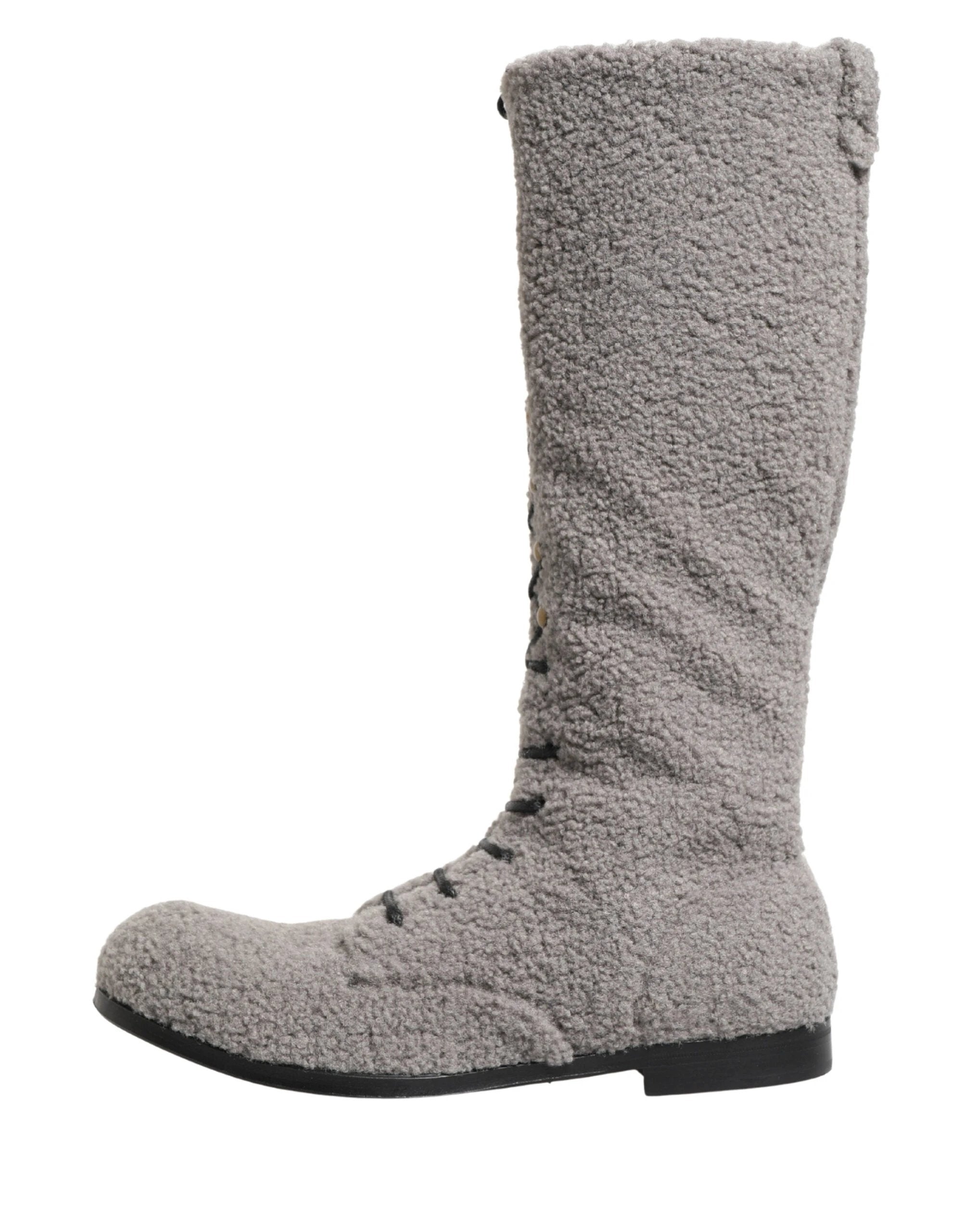 Dolce & Gabbana Gray Shearling Lace Up Knee High Boots Shoes by Dolce & Gabbana