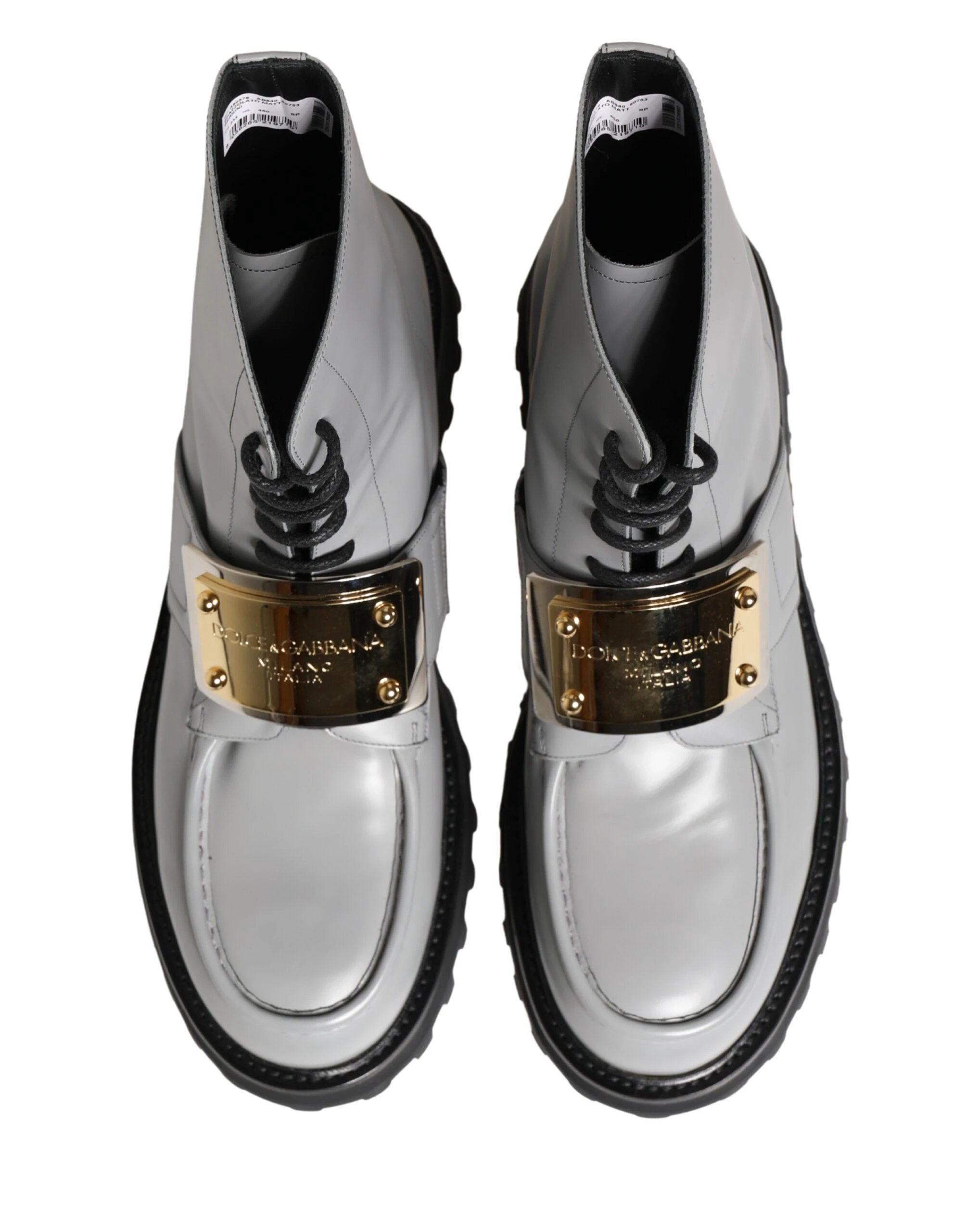 Dolce & Gabbana Gray Leather Logo Plaque Ankle Boots Shoes by Dolce & Gabbana