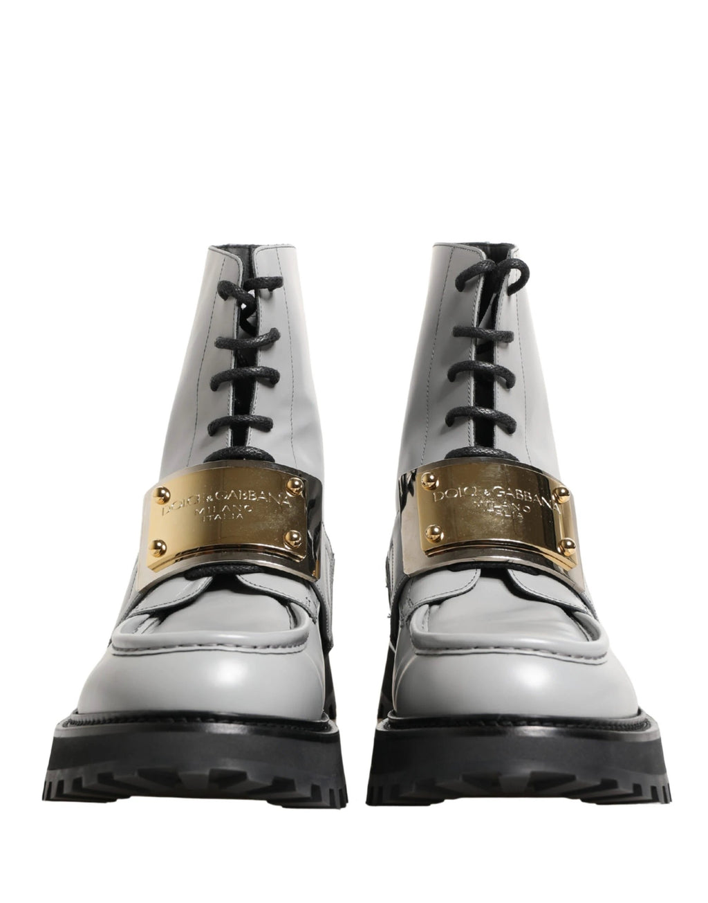 Dolce & Gabbana Gray Leather Logo Plaque Ankle Boots Shoes by Dolce & Gabbana
