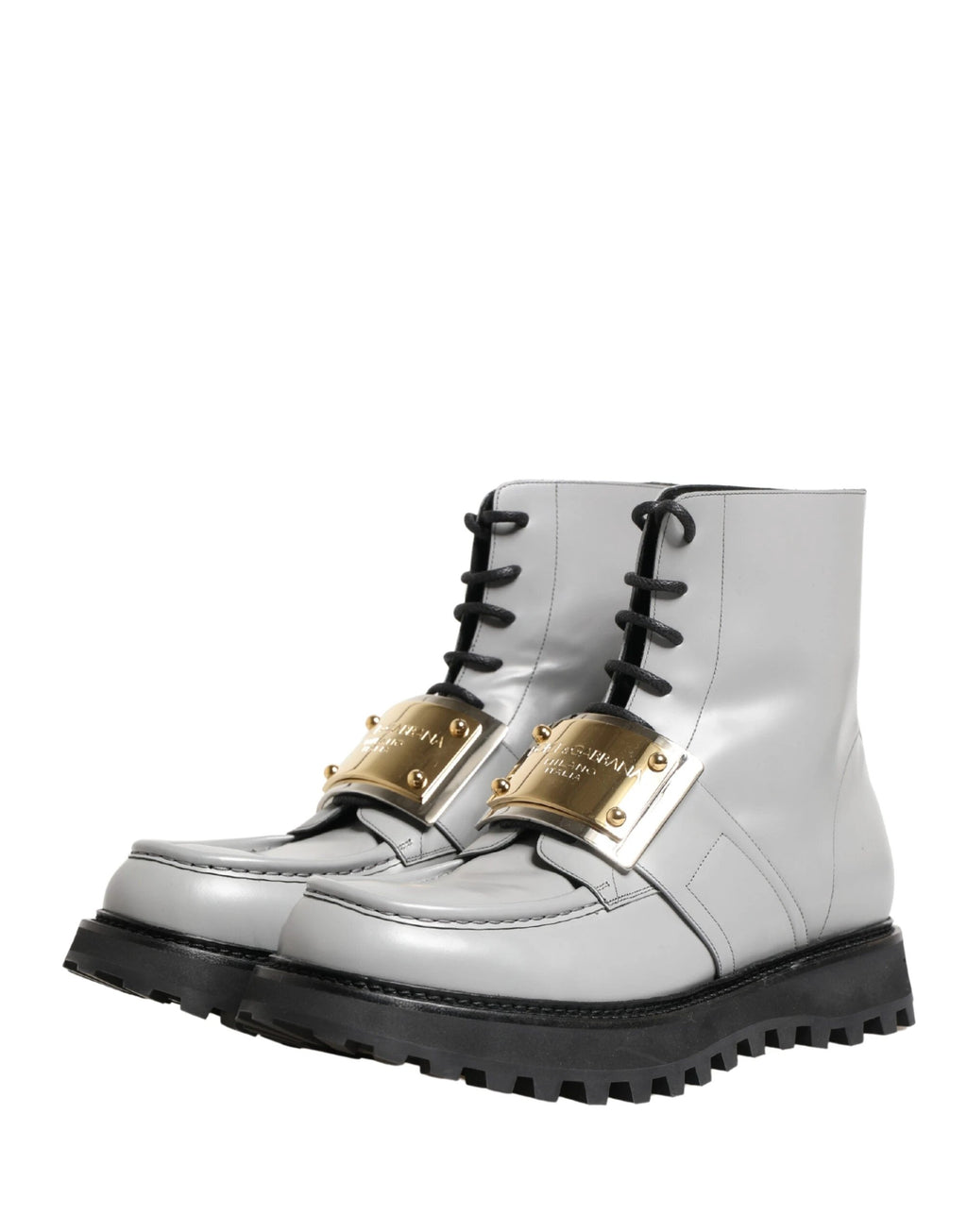 Dolce & Gabbana Gray Leather Logo Plaque Ankle Boots Shoes by Dolce & Gabbana