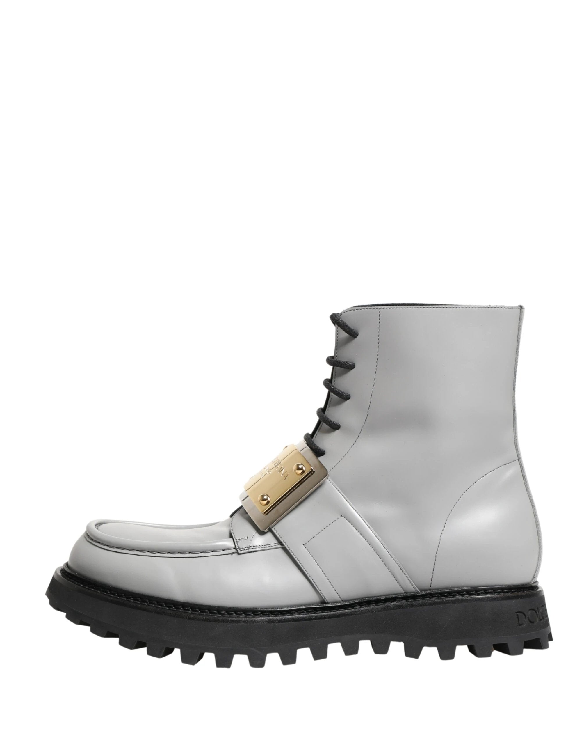 Dolce & Gabbana Gray Leather Logo Plaque Ankle Boots Shoes by Dolce & Gabbana