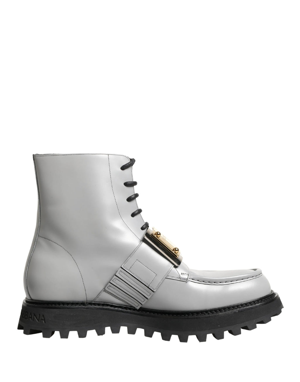 Dolce & Gabbana Gray Leather Logo Plaque Ankle Boots Shoes by Dolce & Gabbana