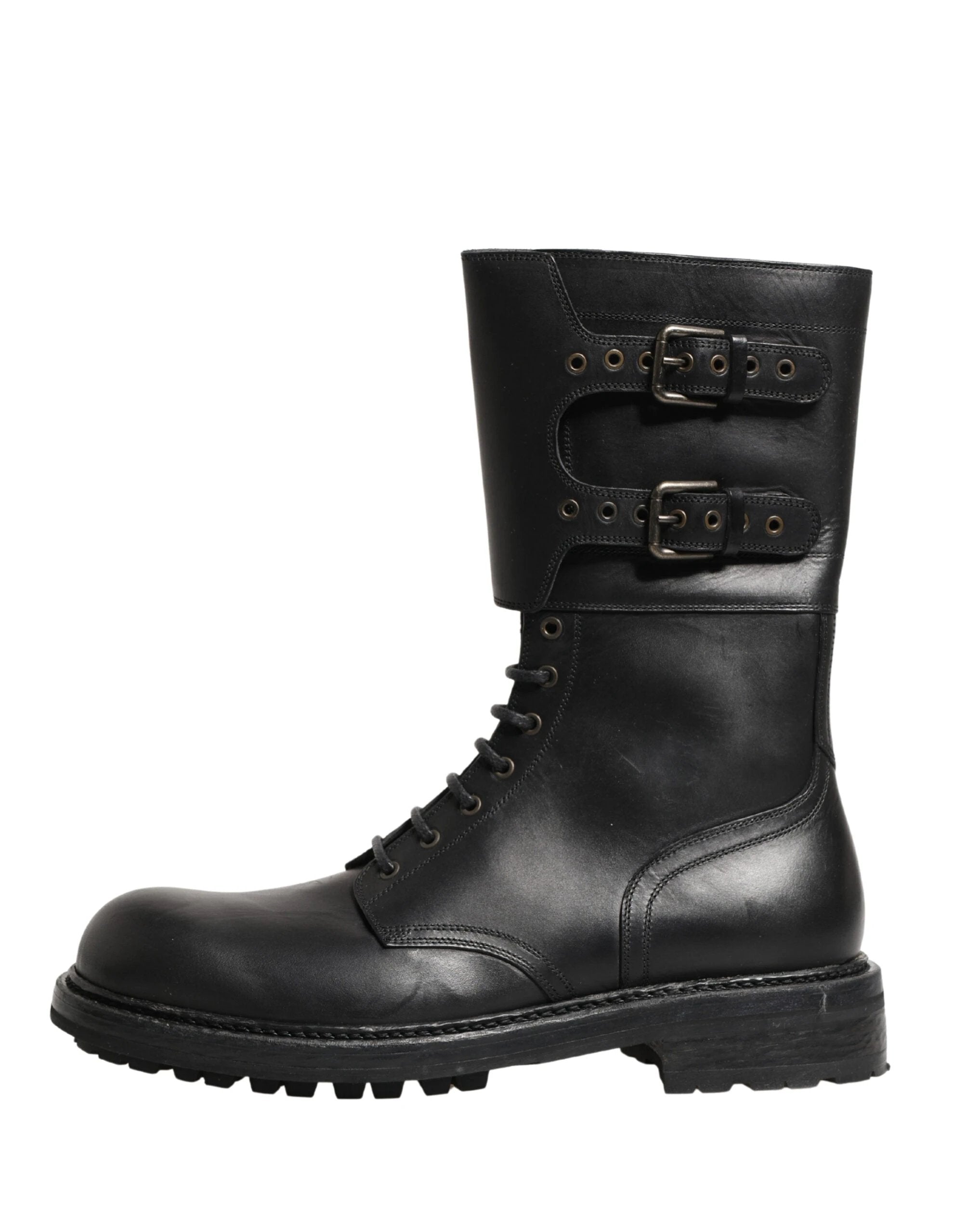 Dolce & Gabbana Black Leather Belted Buckle Combat Boots Shoes by Dolce & Gabbana