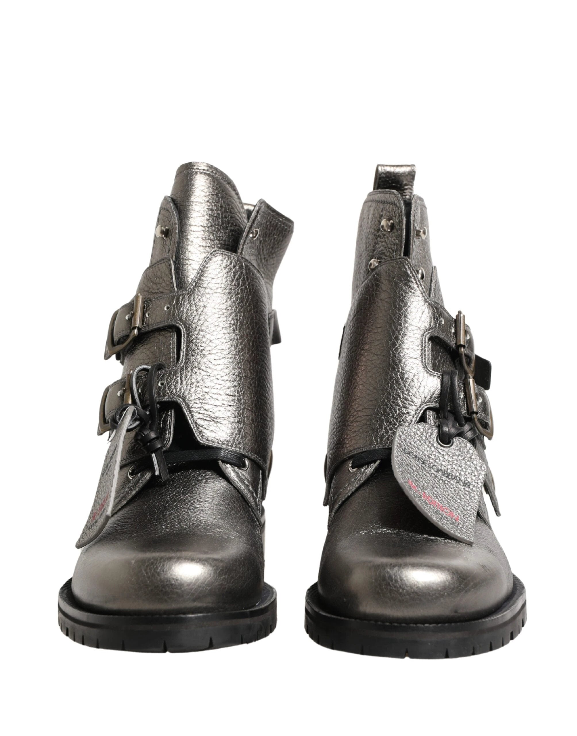 Dolce & Gabbana Metallic Silver Leather Buckle Ankle Boots Shoes by Dolce & Gabbana