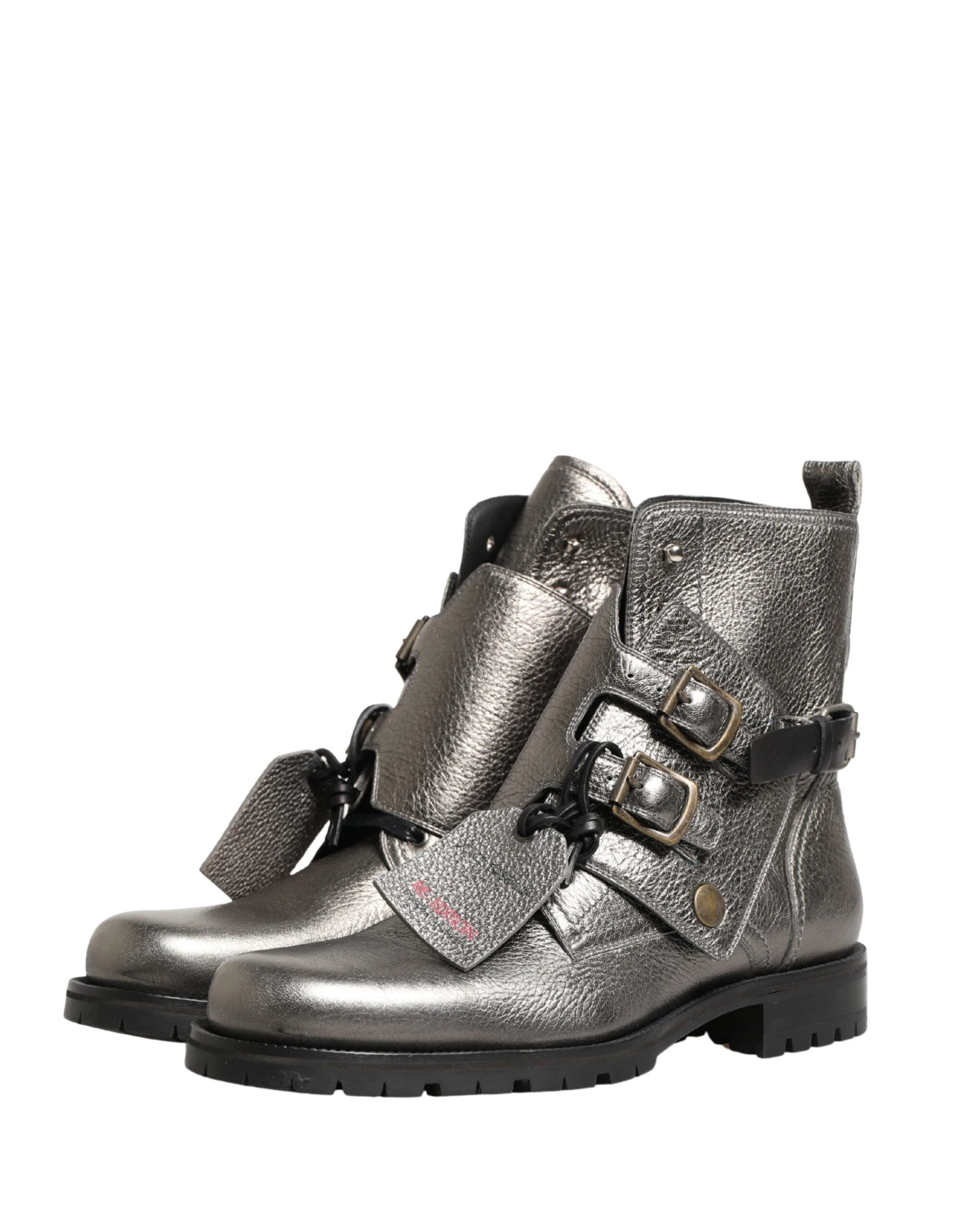 Dolce & Gabbana Metallic Silver Leather Buckle Ankle Boots Shoes by Dolce & Gabbana