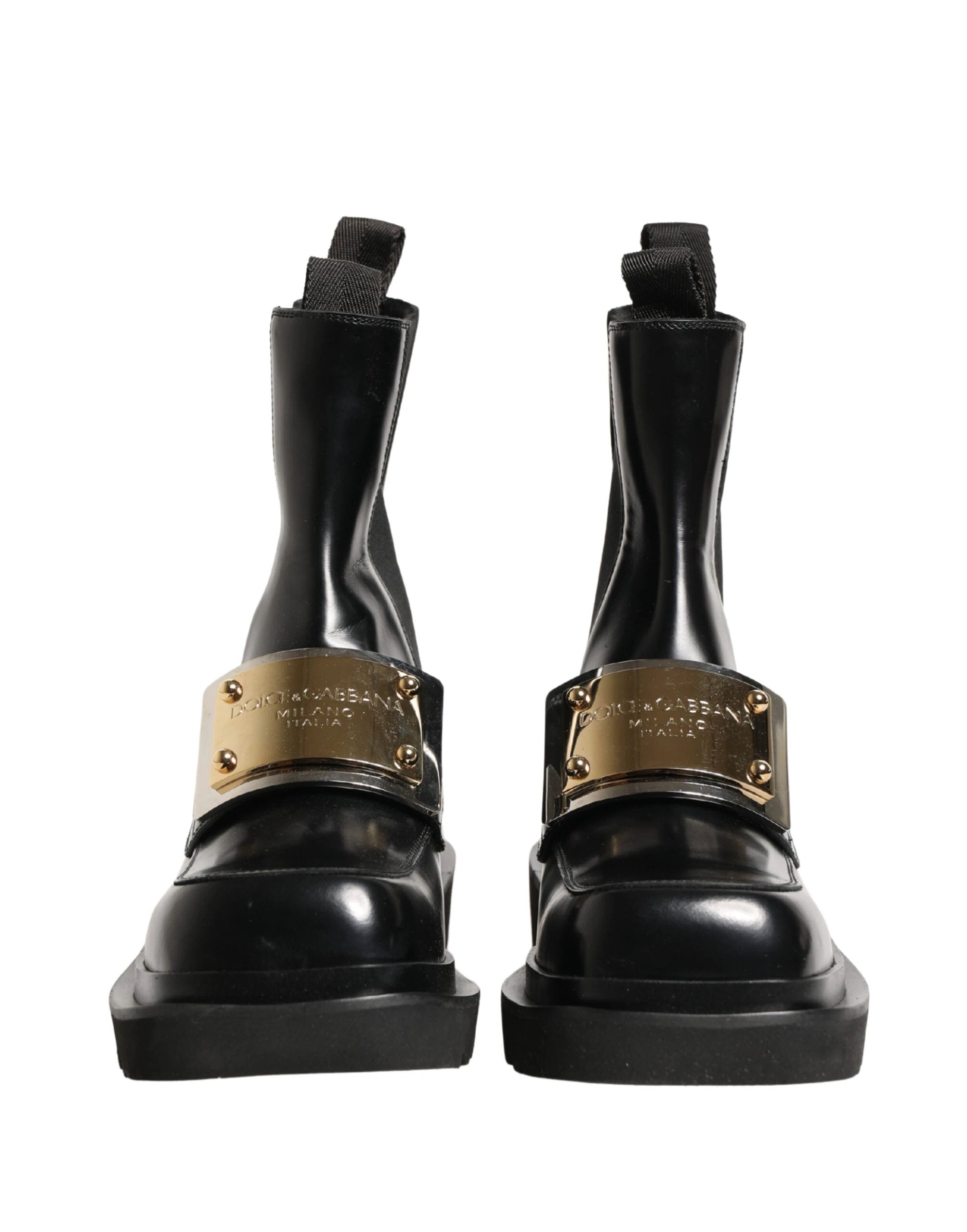 Dolce & Gabbana Black Leather Logo Plaque Ankle Boots Shoes by Dolce & Gabbana
