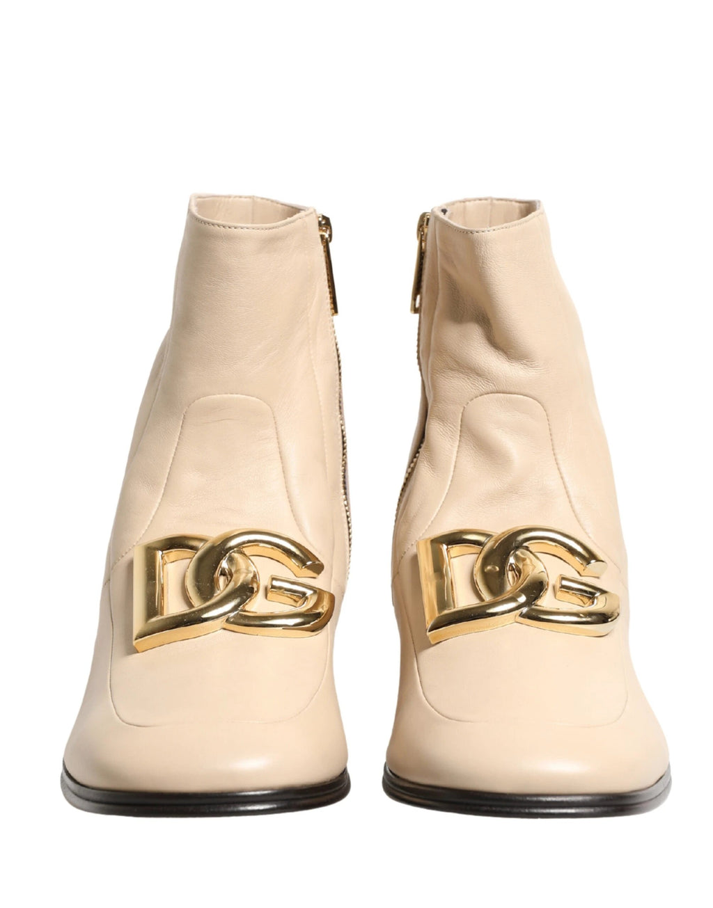 Dolce & Gabbana Beige Leather Logo Plaque Ankle Boots Shoes by Dolce & Gabbana