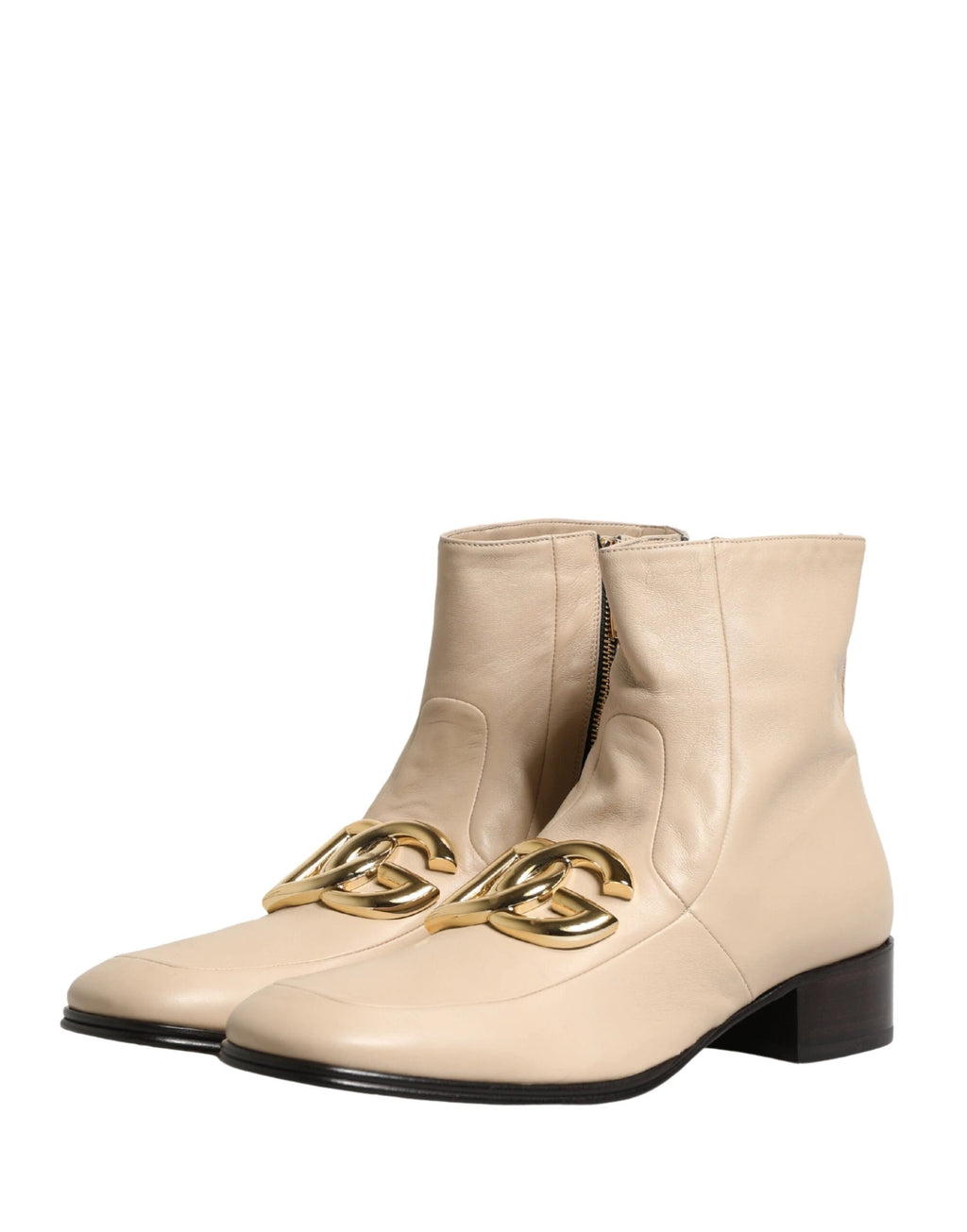 Dolce & Gabbana Beige Leather Logo Plaque Ankle Boots Shoes by Dolce & Gabbana