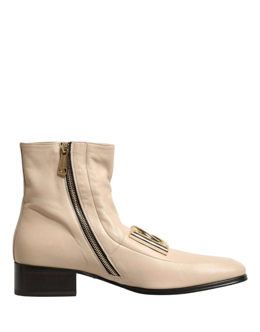 Dolce & Gabbana Beige Leather Logo Plaque Ankle Boots Shoes by Dolce & Gabbana