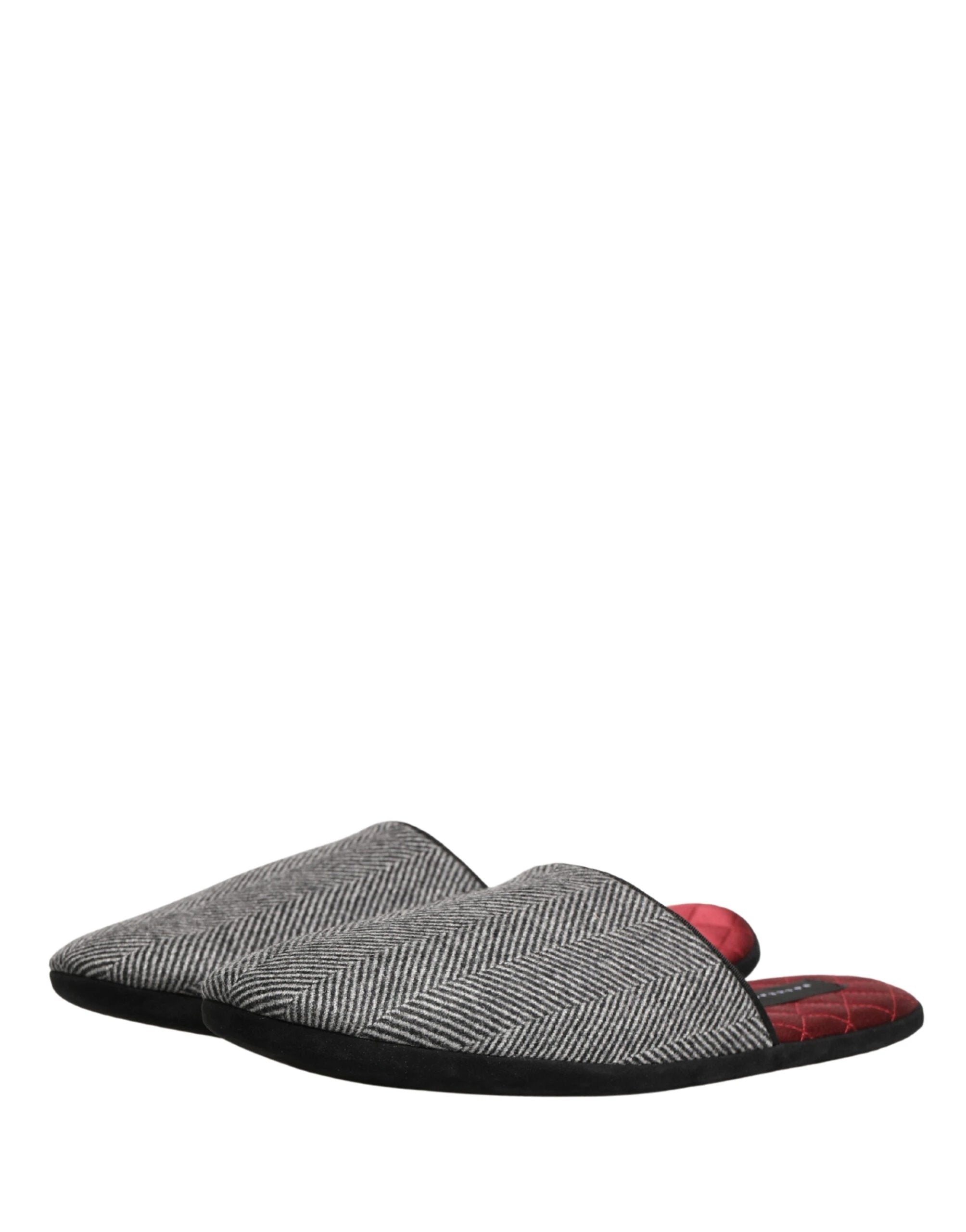 Dolce & Gabbana Grey Herringbone Cashmere Red Slippers Shoes by Dolce & Gabbana