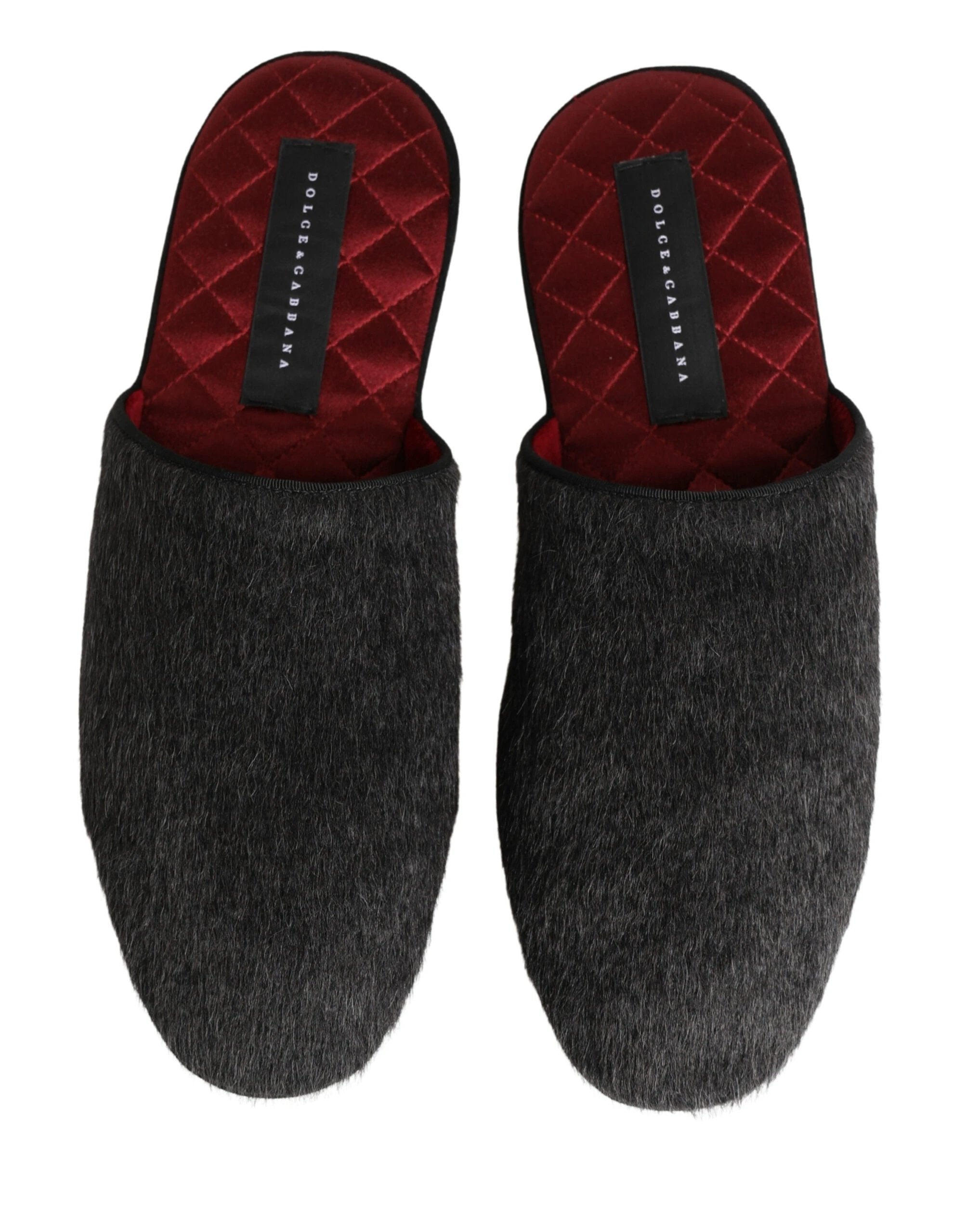 Dolce & Gabbana Dark Grey Charcoal Wool Red Slippers Shoes by Dolce & Gabbana