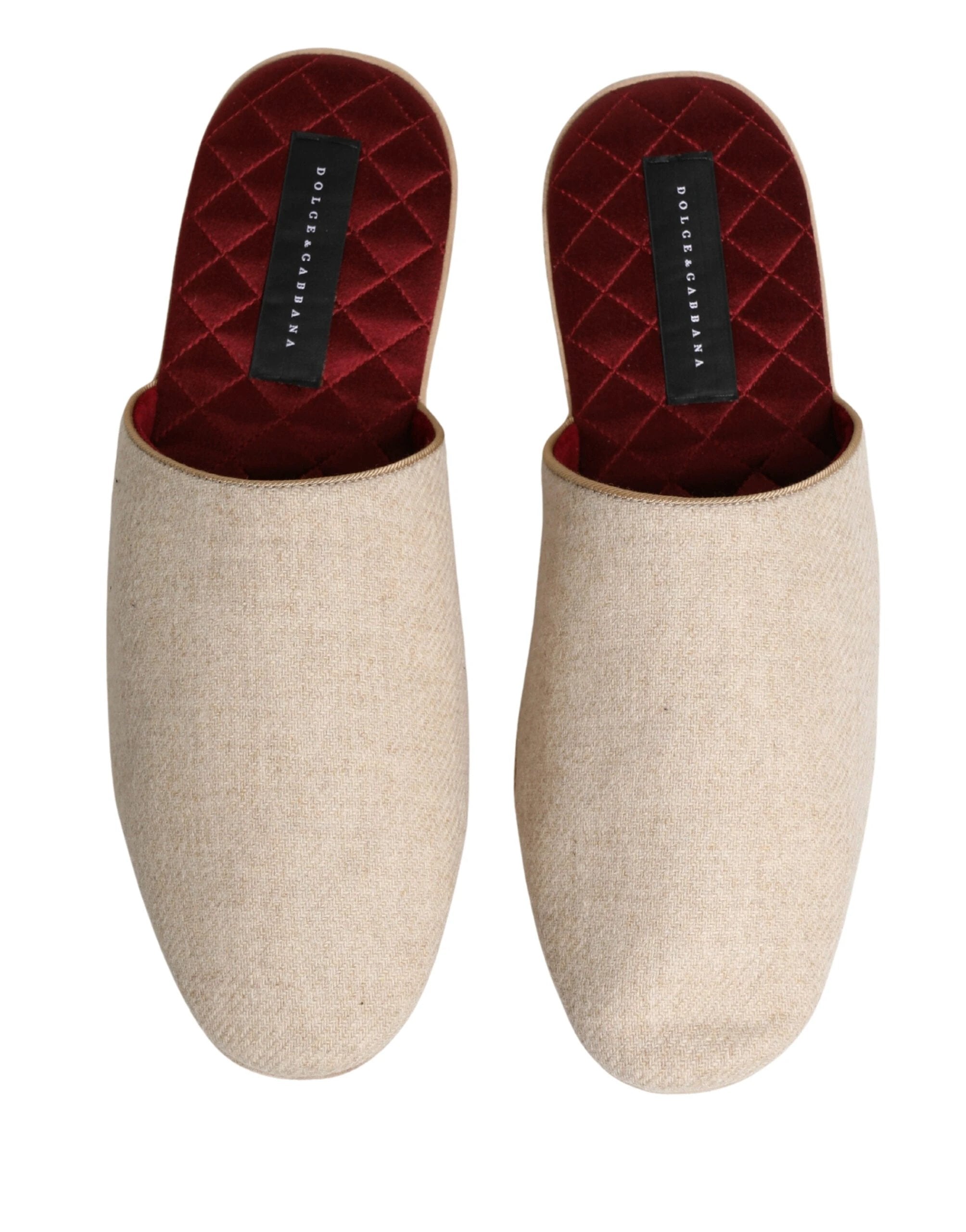 Dolce & Gabbana Beige Shetland Wool Red Quilted Slippers Shoes by Dolce & Gabbana