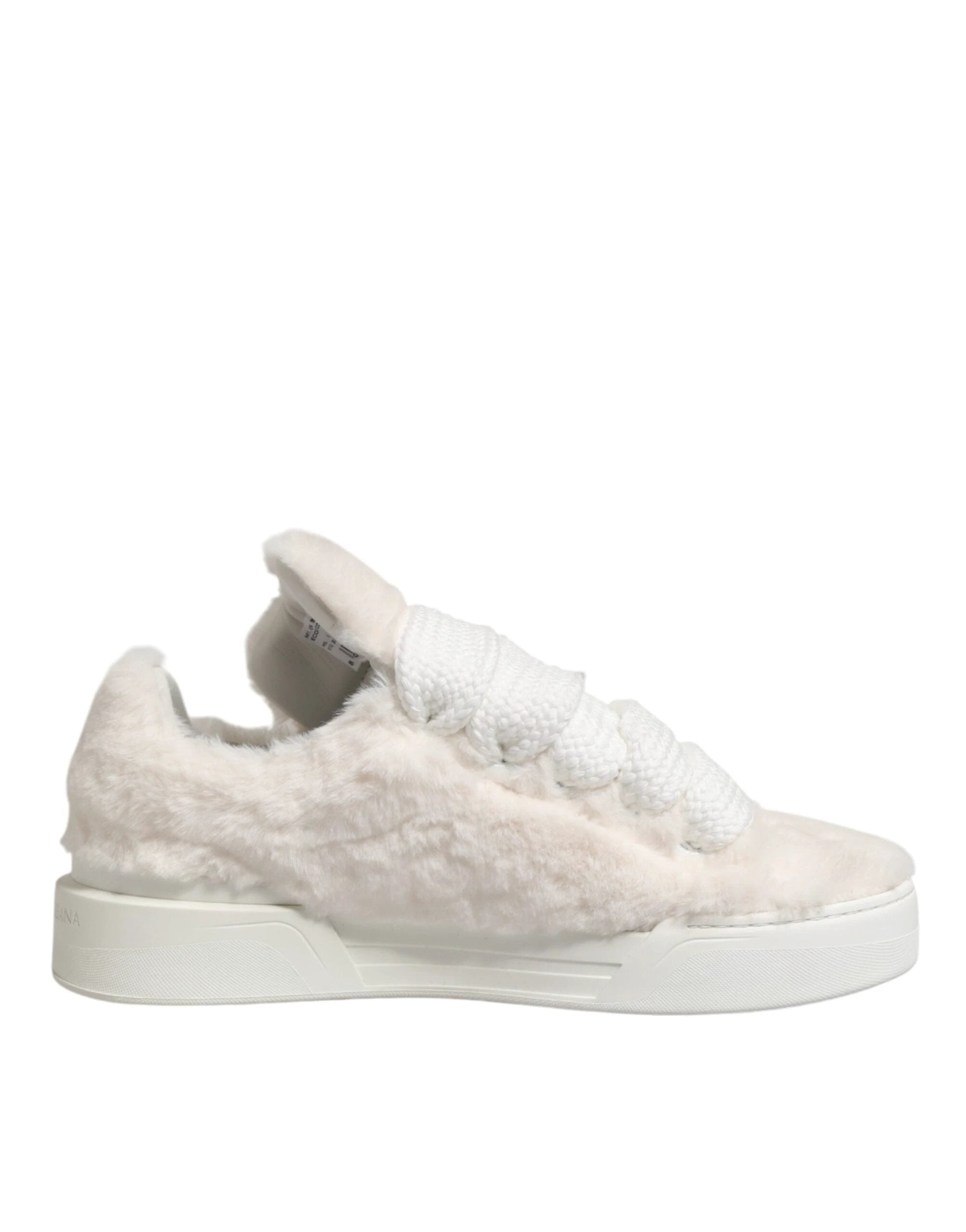 Dolce & Gabbana White Shearling Fur Bianco Low Top Sneakers Shoes by Dolce & Gabbana