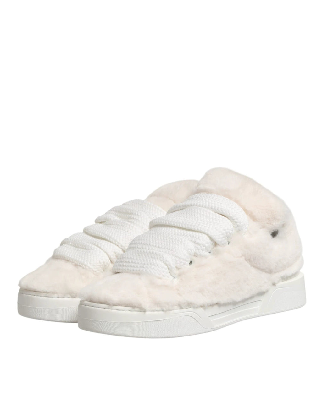 Dolce & Gabbana White Shearling Fur Bianco Low Top Sneakers Shoes by Dolce & Gabbana