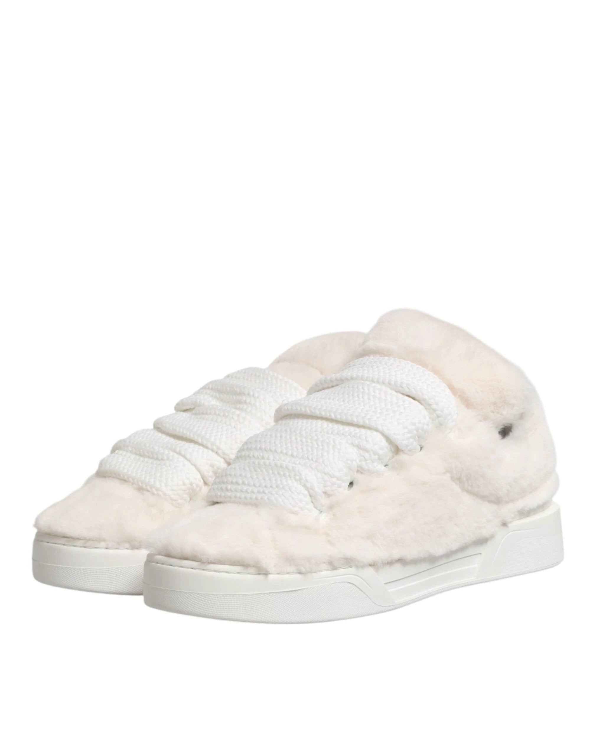 Dolce & Gabbana White Shearling Fur Bianco Low Top Sneakers Shoes by Dolce & Gabbana