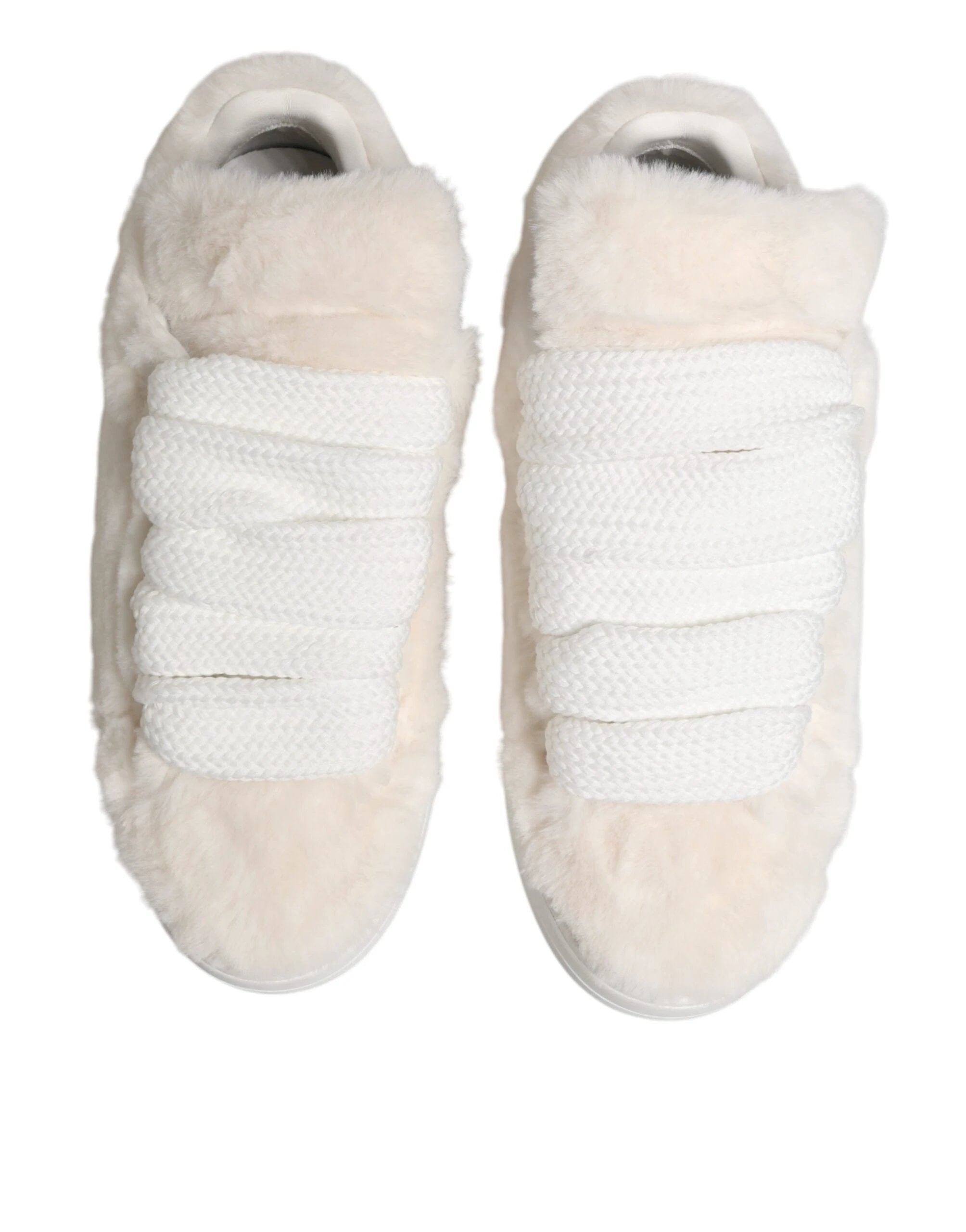 Dolce & Gabbana White Shearling Fur Bianco Low Top Sneakers Shoes by Dolce & Gabbana