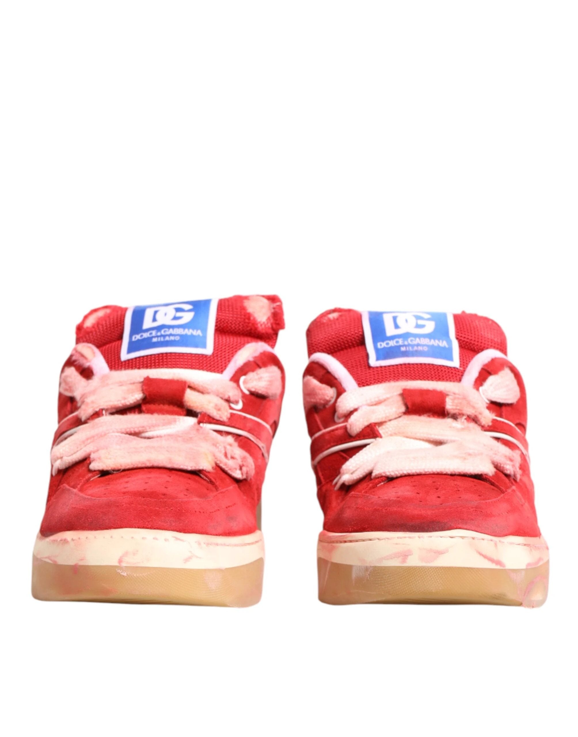 Dolce & Gabbana Red White Suede DG Logo Low Top Sneakers Shoes by Dolce & Gabbana