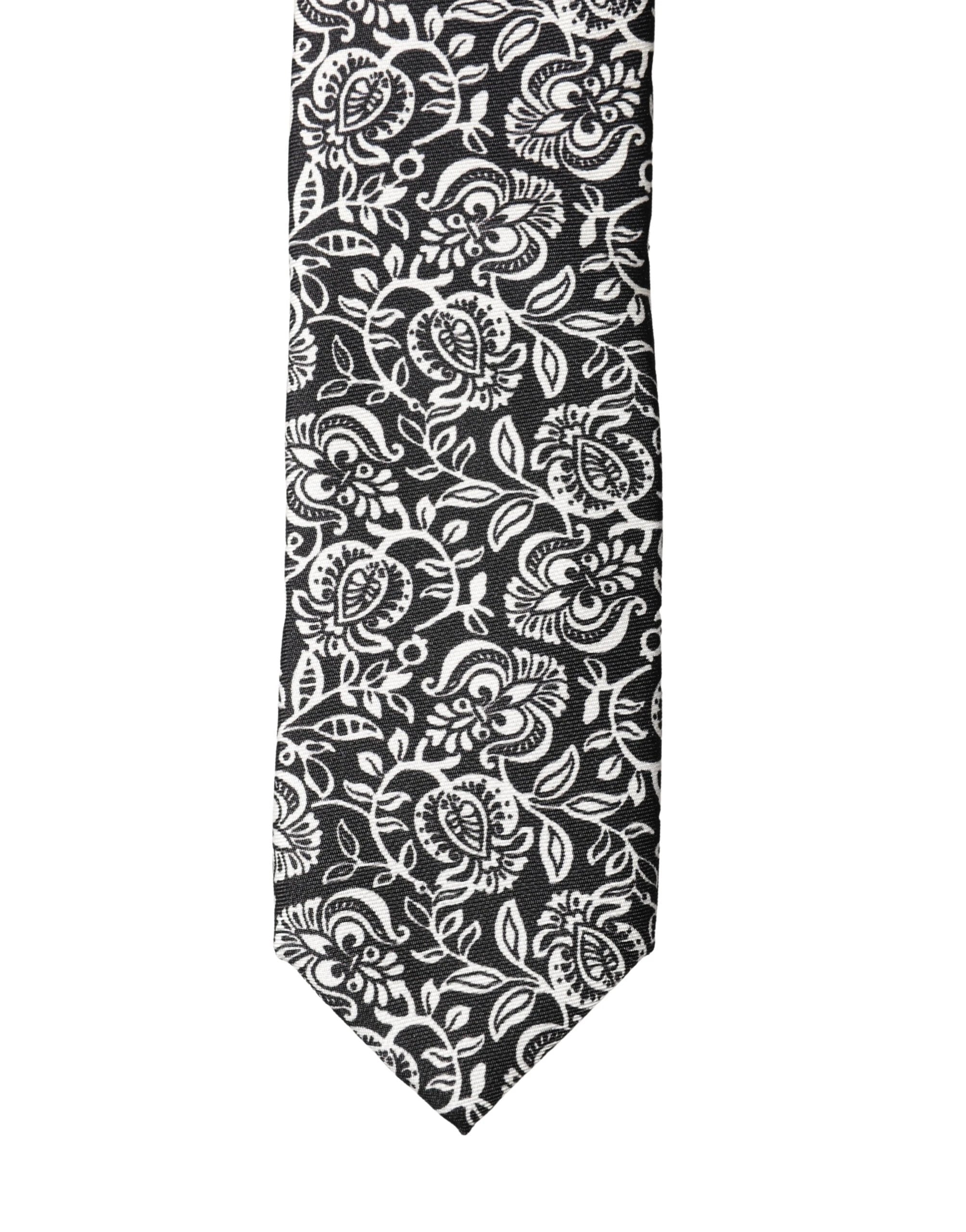 Dolce & Gabbana Black White Floral Fantasy Silk Adjustable Necktie Tie
