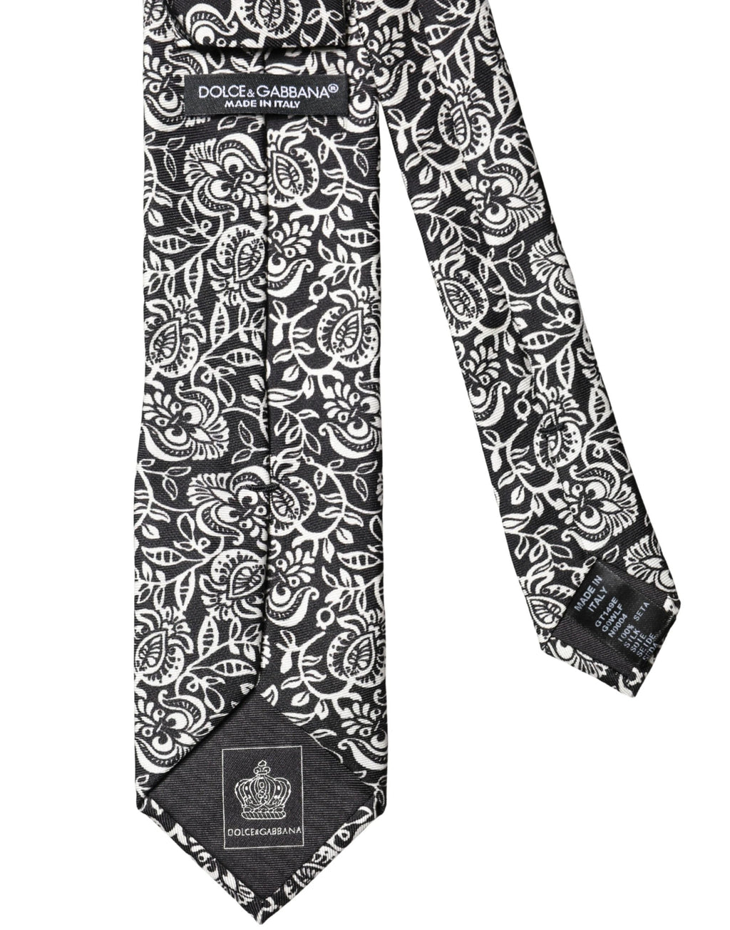 Dolce & Gabbana Black White Floral Fantasy Silk Adjustable Necktie Tie