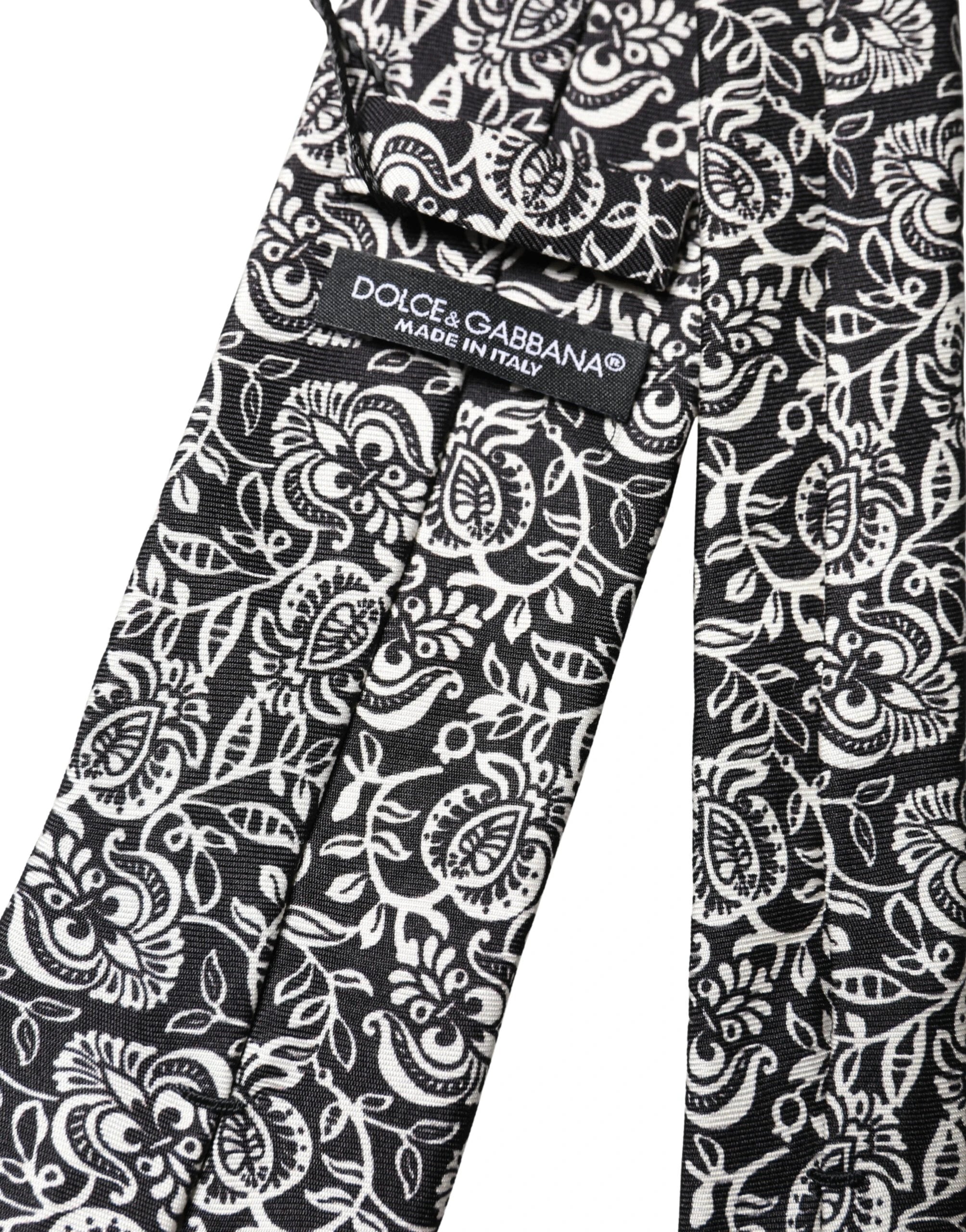 Dolce & Gabbana Black White Floral Fantasy Silk Adjustable Necktie Tie