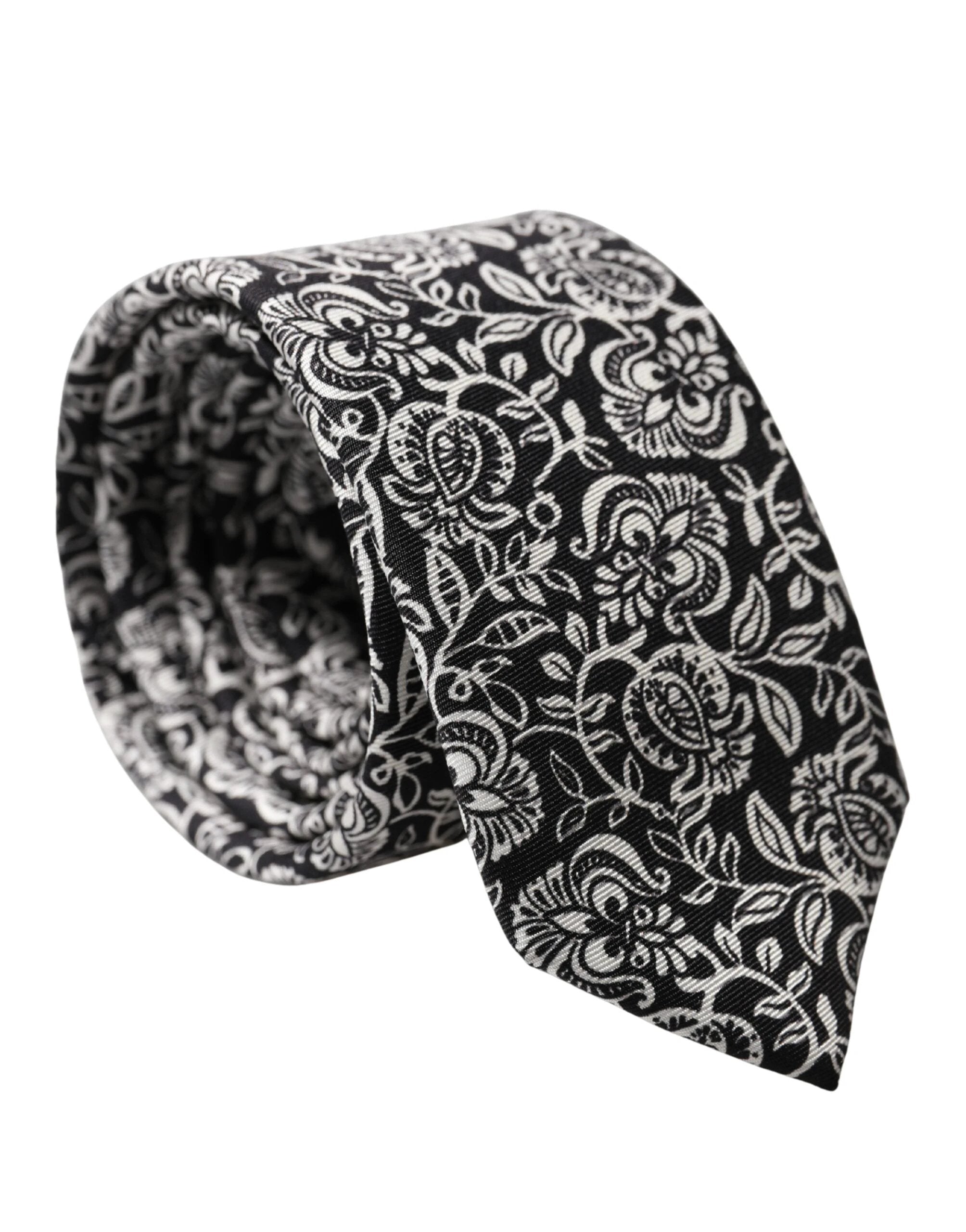Dolce & Gabbana Black White Floral Fantasy Silk Adjustable Necktie Tie