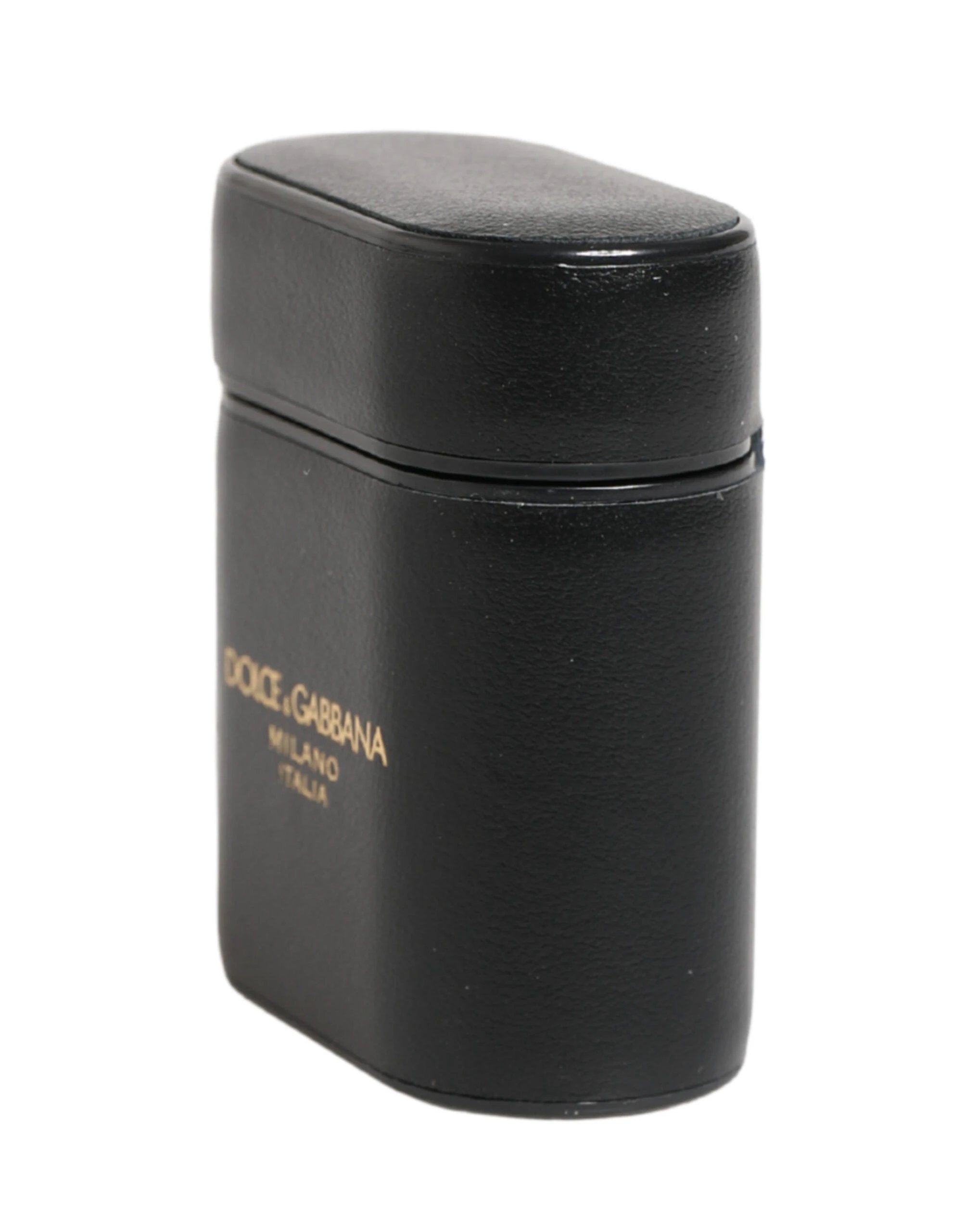 Dolce & Gabbana Black Calf Leather Logo Print Flip Holder Airpods Case
