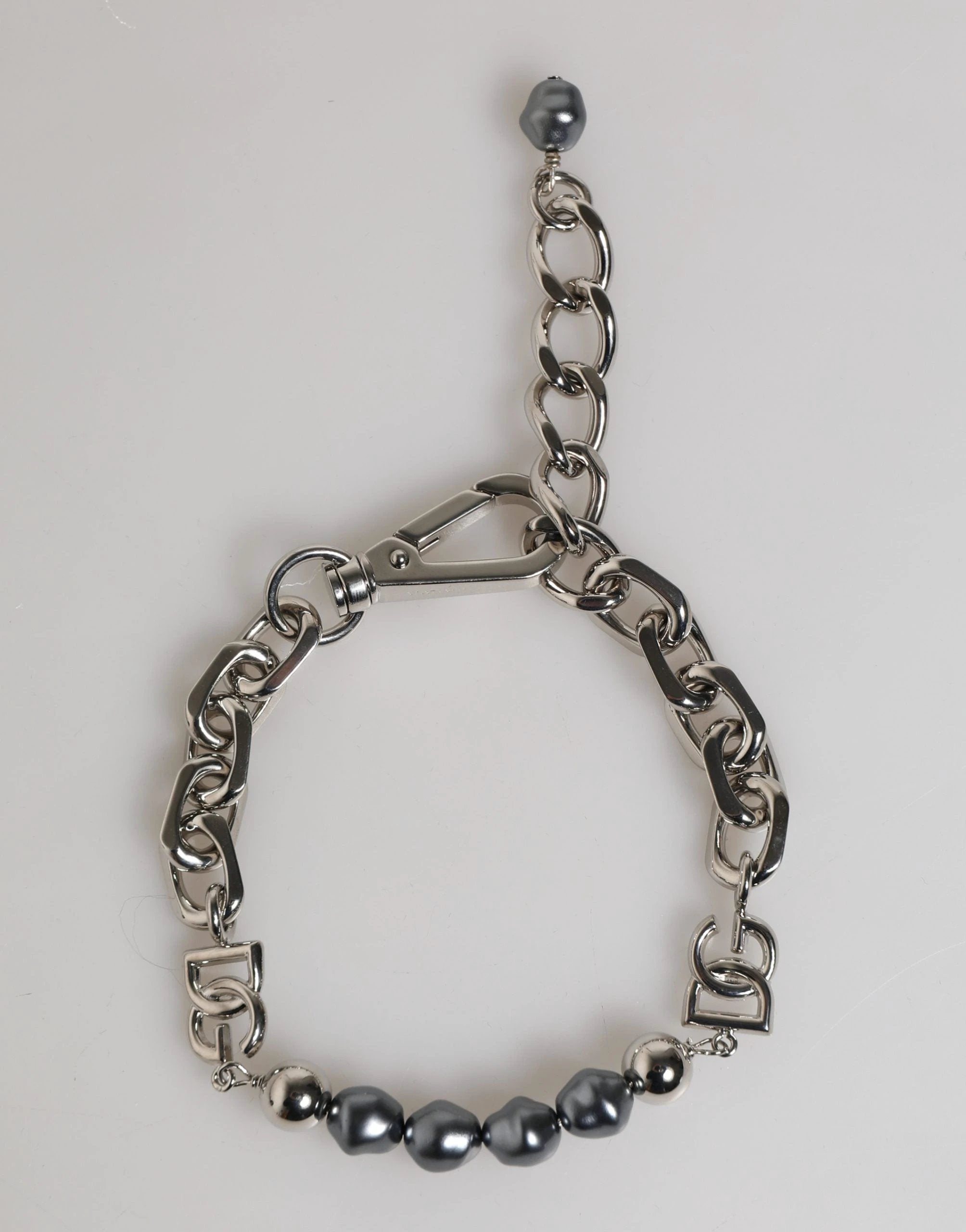 Dolce & Gabbana Silver Tone Chain Lobster Clasp Logo Gray Pearls Bracelet