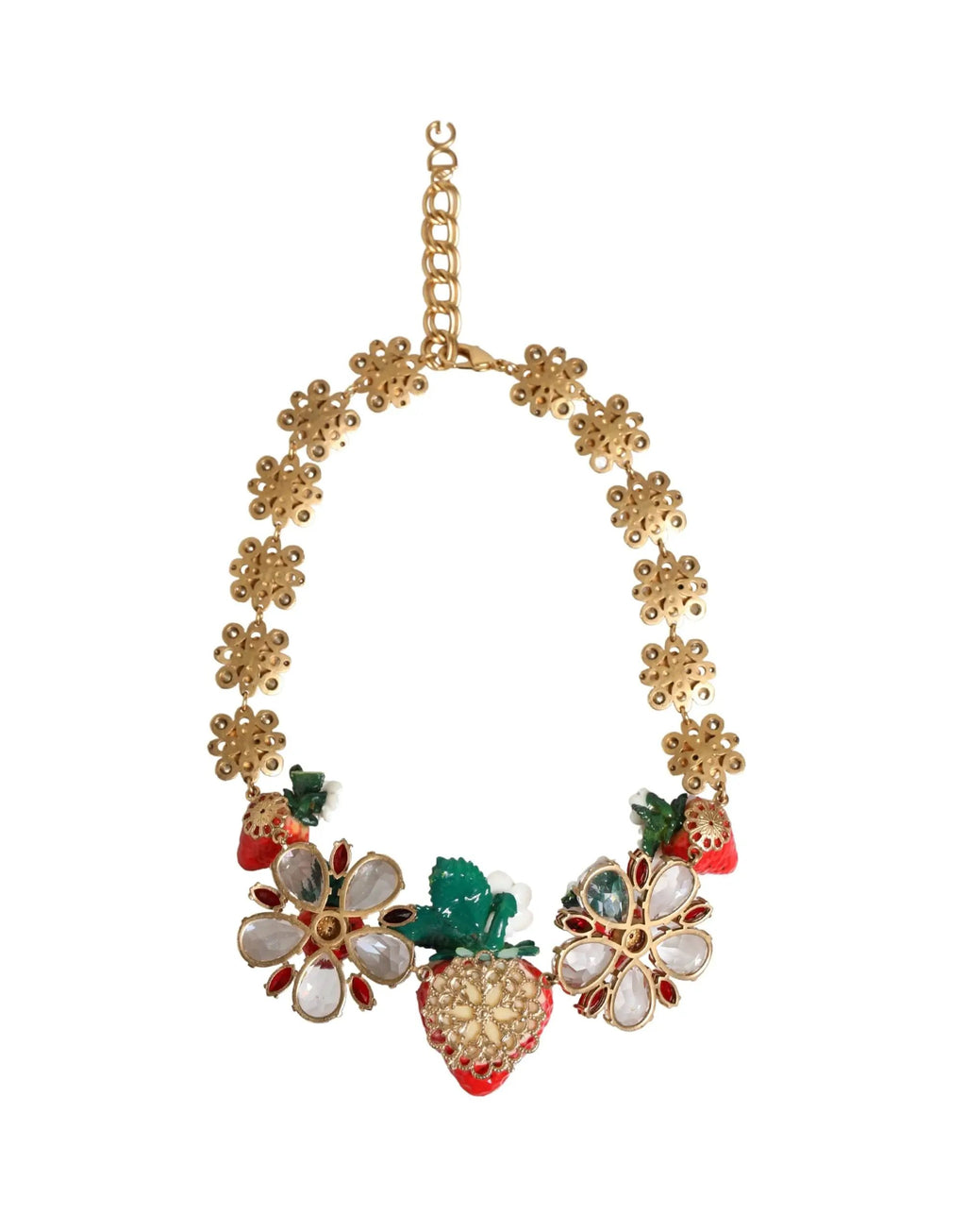 Collier Dolce &amp; Gabbana en laiton doré avec pendentifs FRUIT, fleurs et logo en cristal