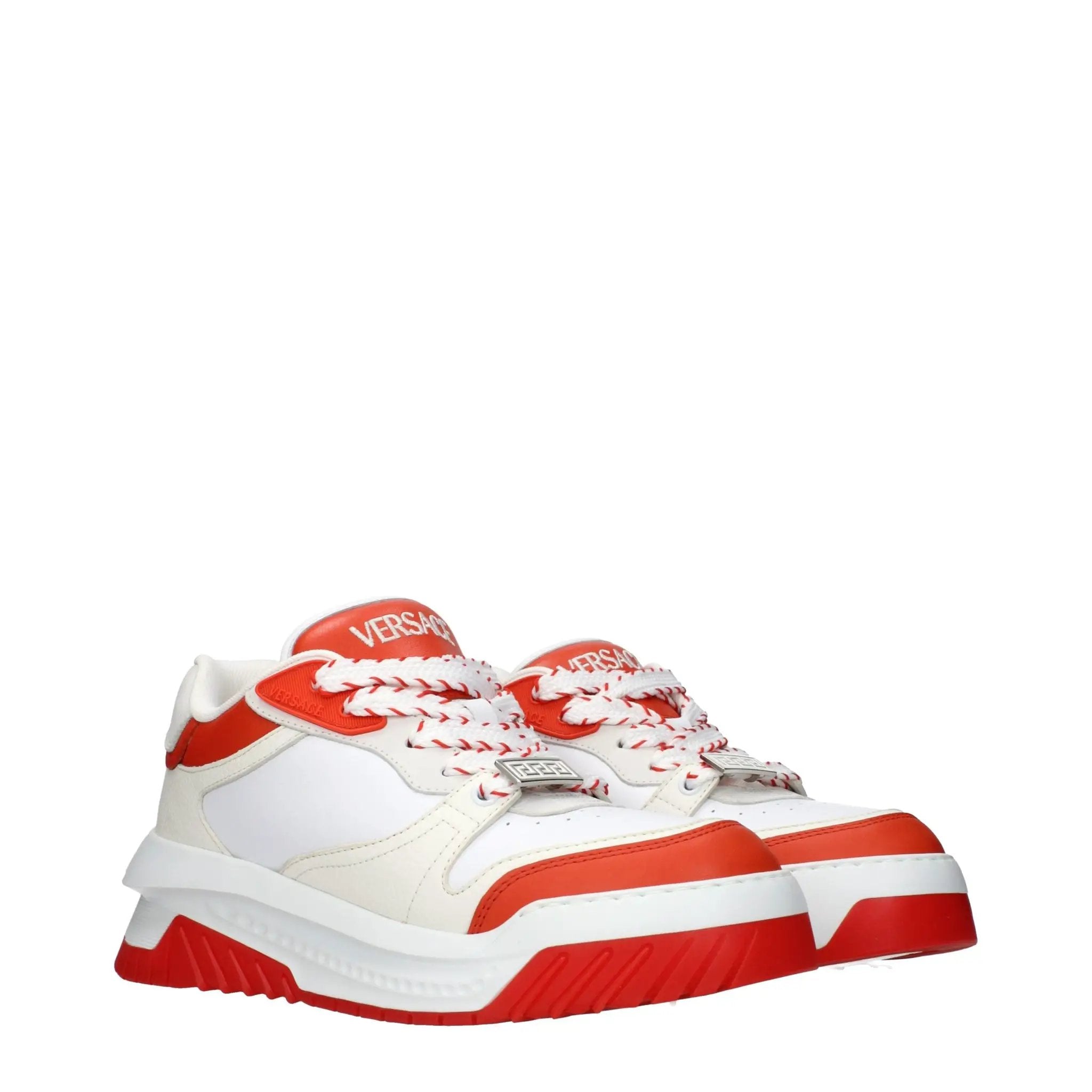 Men’s White & Red Leather Athletic Sneakers – Versace Logo Detail Trainers