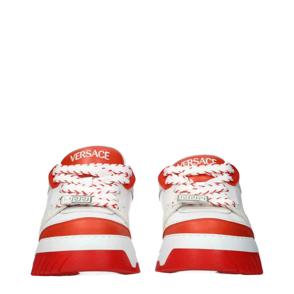 Men’s White & Red Leather Athletic Sneakers – Versace Logo Detail Trainers