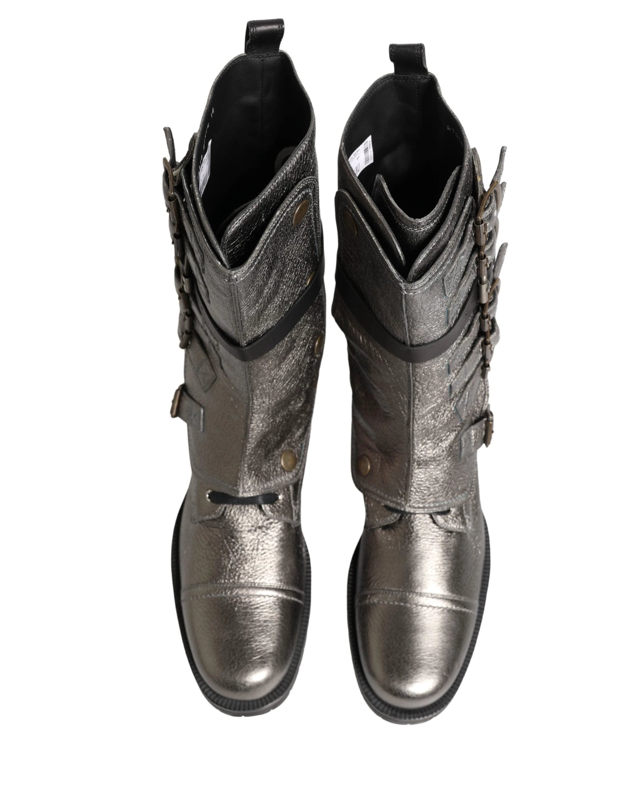 Dolce & Gabbana Metallic Silver Combat Biker Mid Calf Boots Shoes