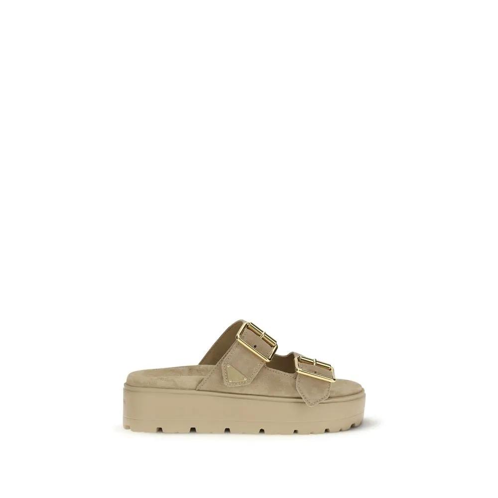 Sandales compensées Prada en cuir de veau beige (Bos Taurus)